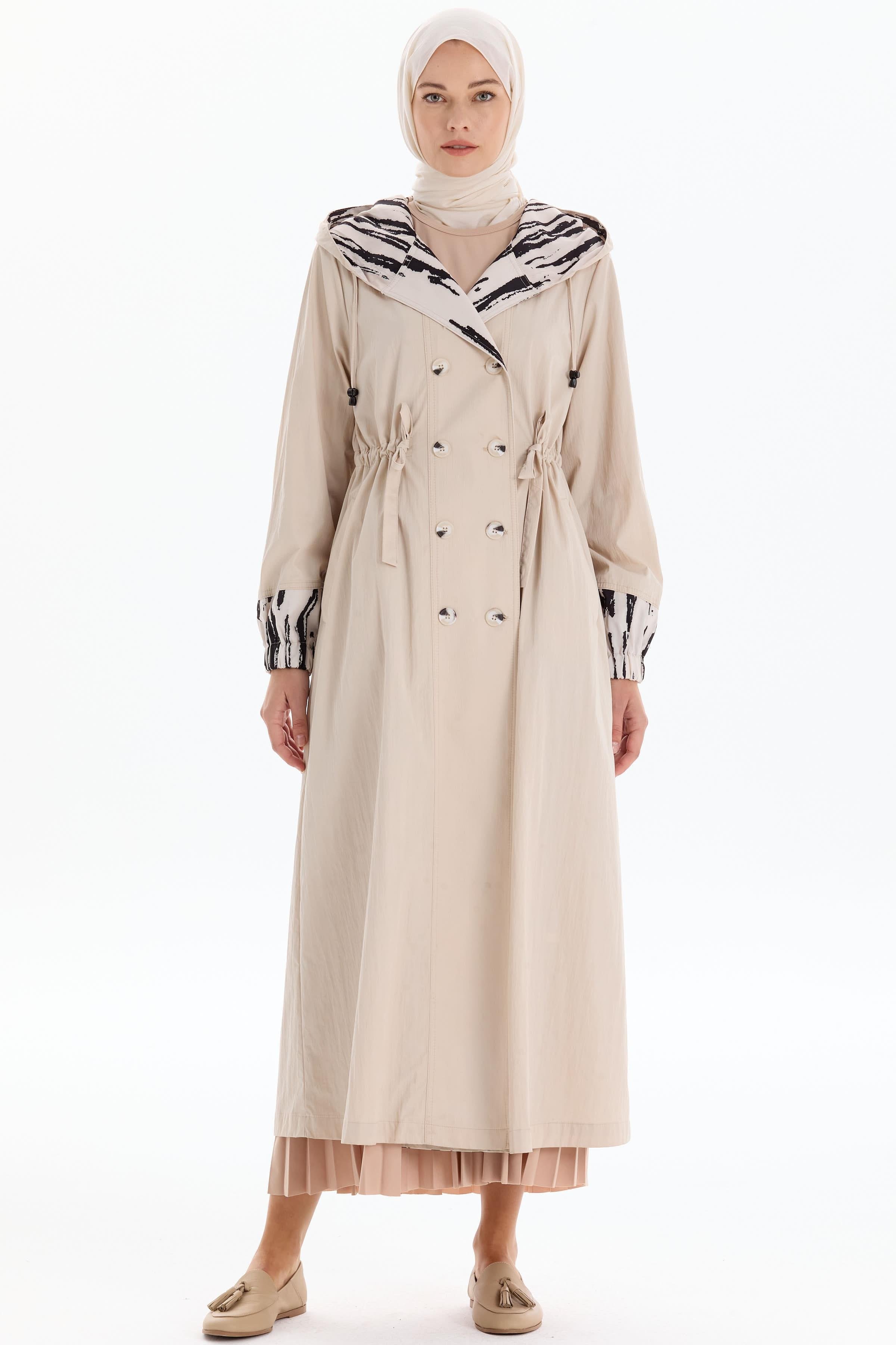 Garnili Kruvaze Düğmeli Yağmurluk - Bej TUGBA