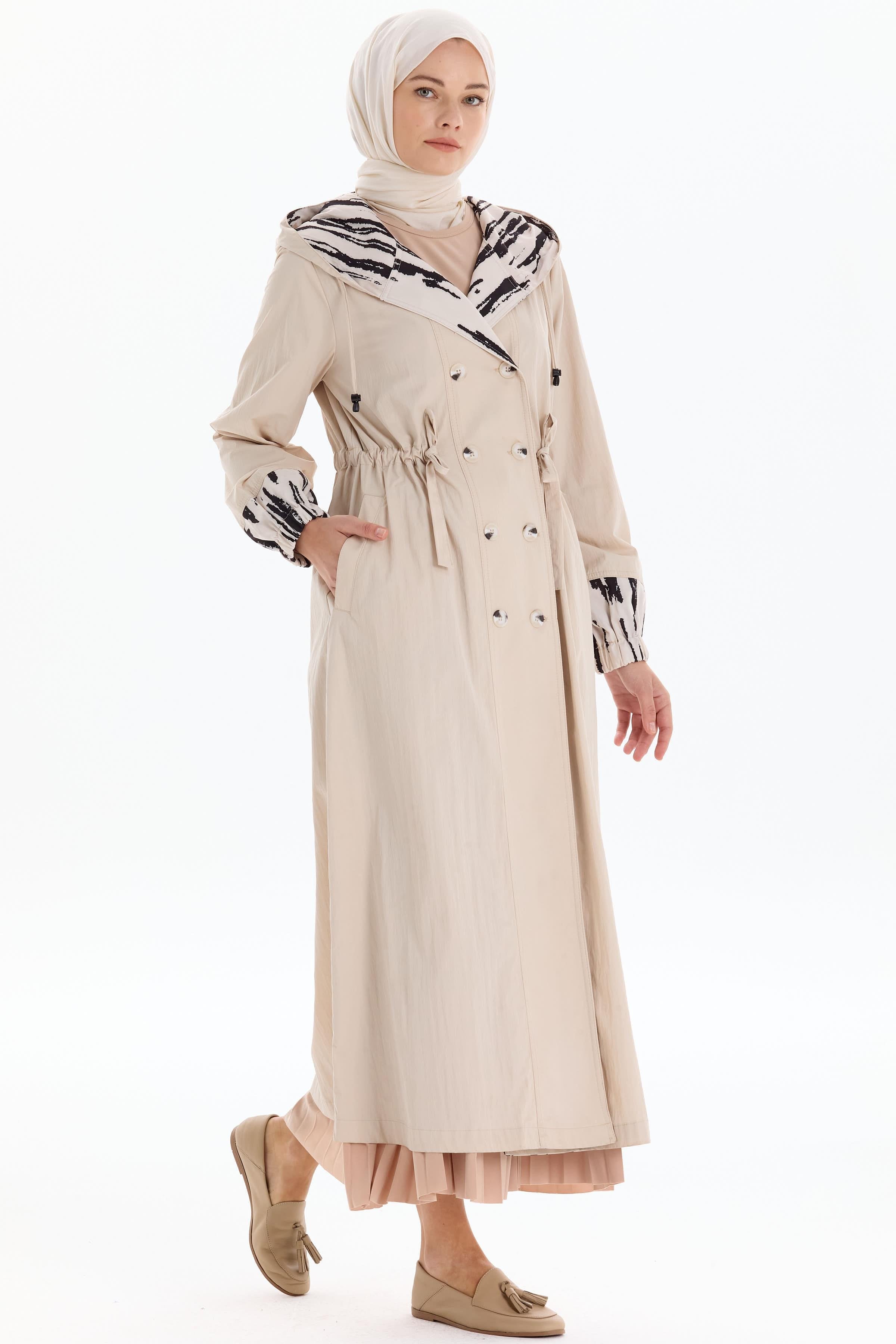 Garnili Kruvaze Düğmeli Yağmurluk - Bej TUGBA