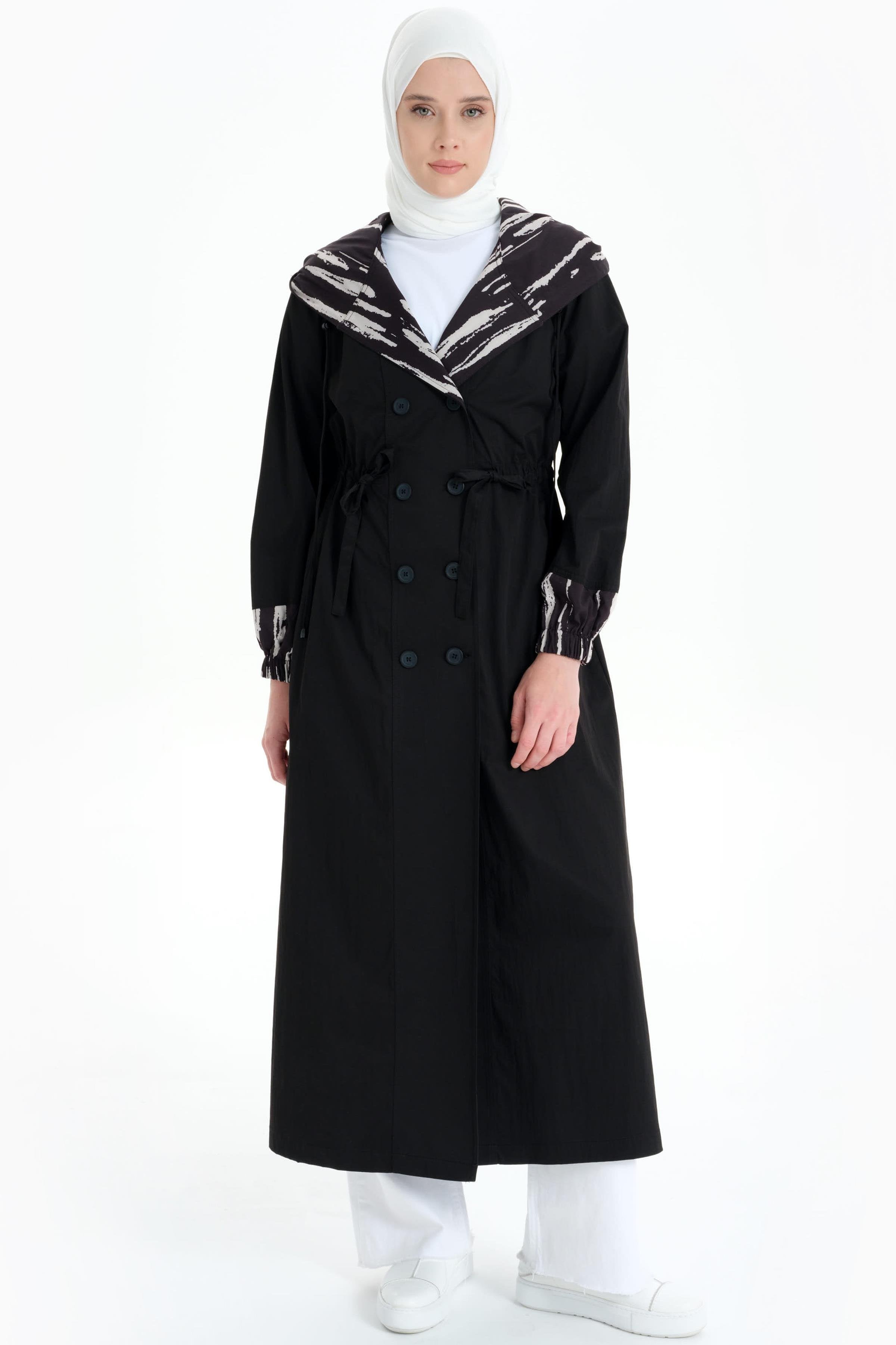 Garnili Kruvaze Düğmeli Yağmurluk - Siyah TUGBA