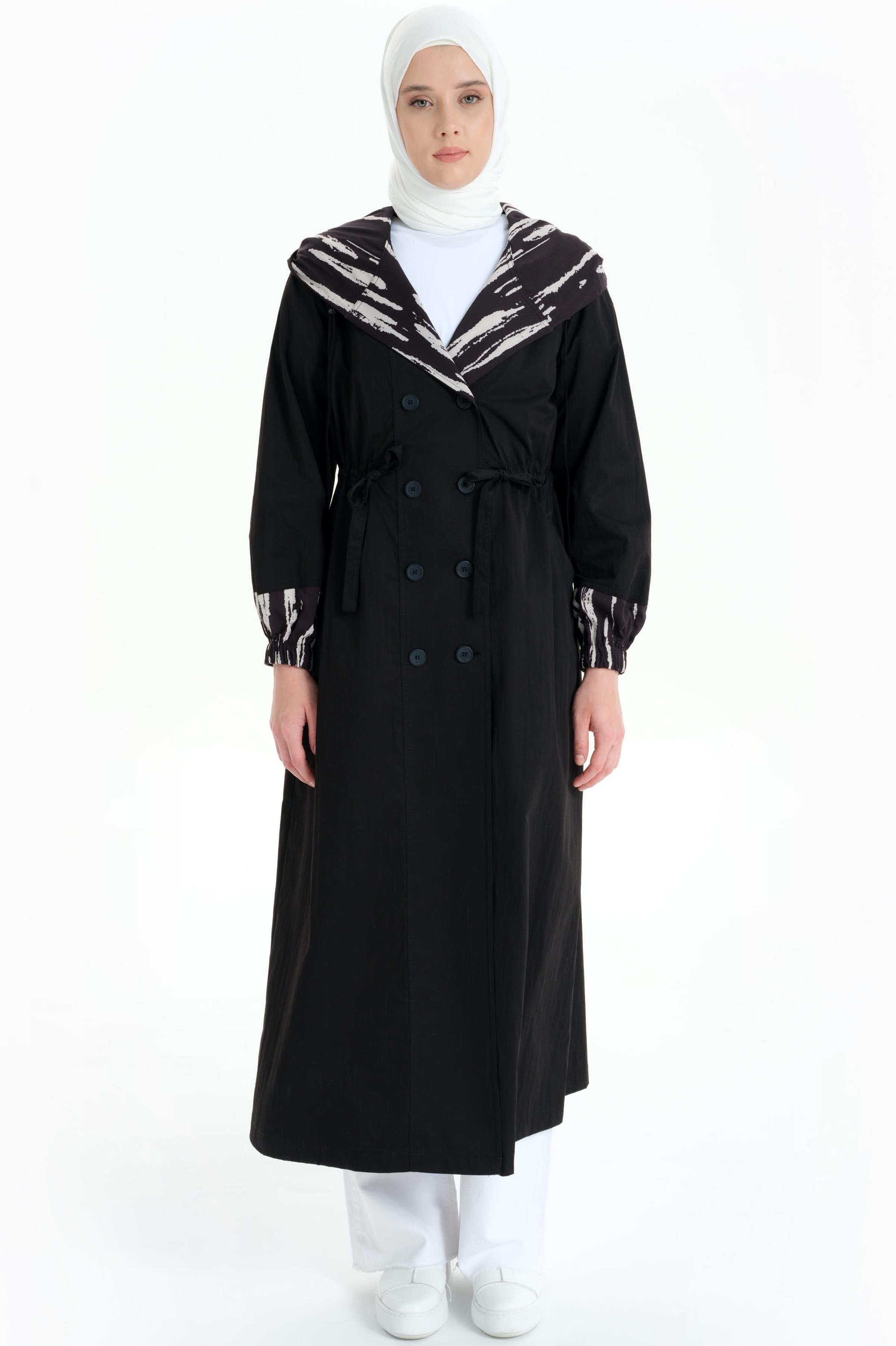 Garnili Kruvaze Düğmeli Yağmurluk - Siyah TUGBA