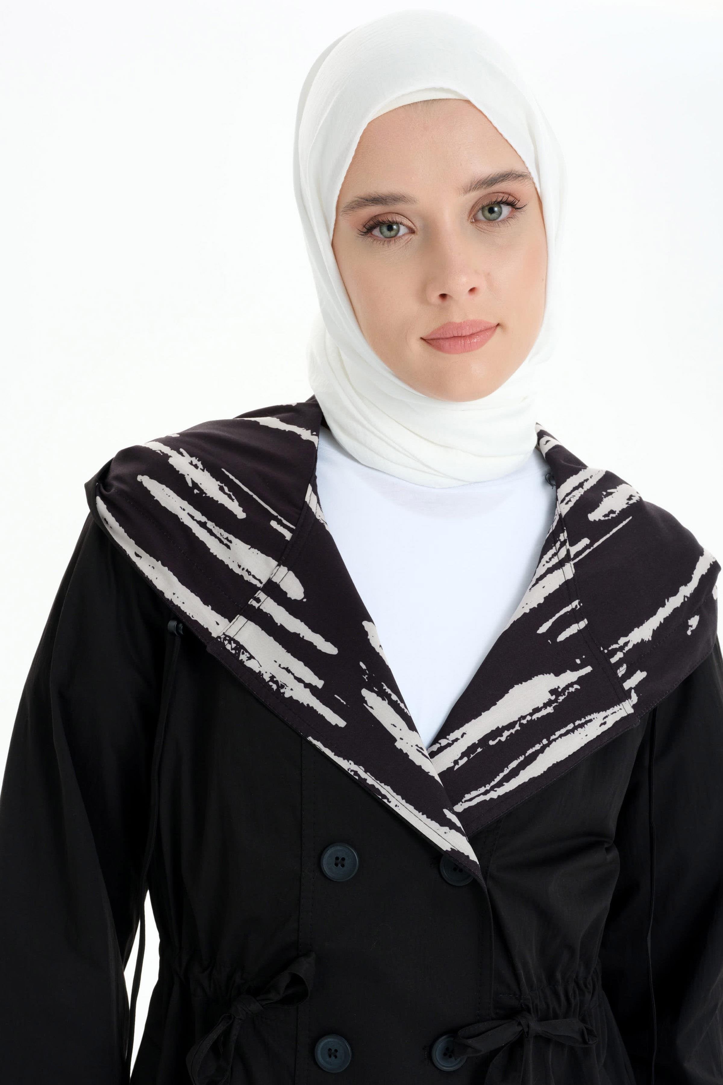 Garnili Kruvaze Düğmeli Yağmurluk - Siyah TUGBA