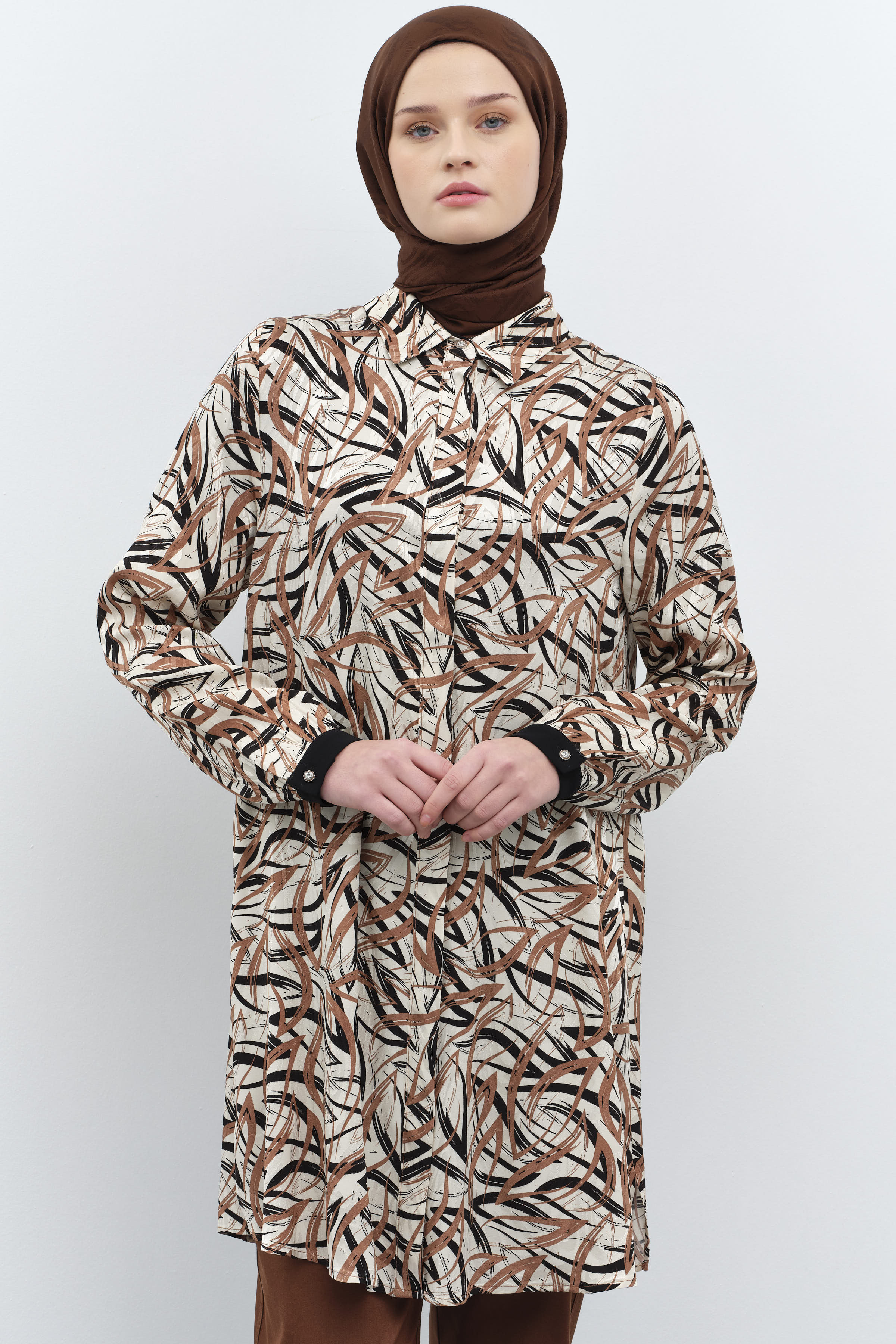 Garnili Manşet Desenli Jakar Tunik - Kahve TUGBA
