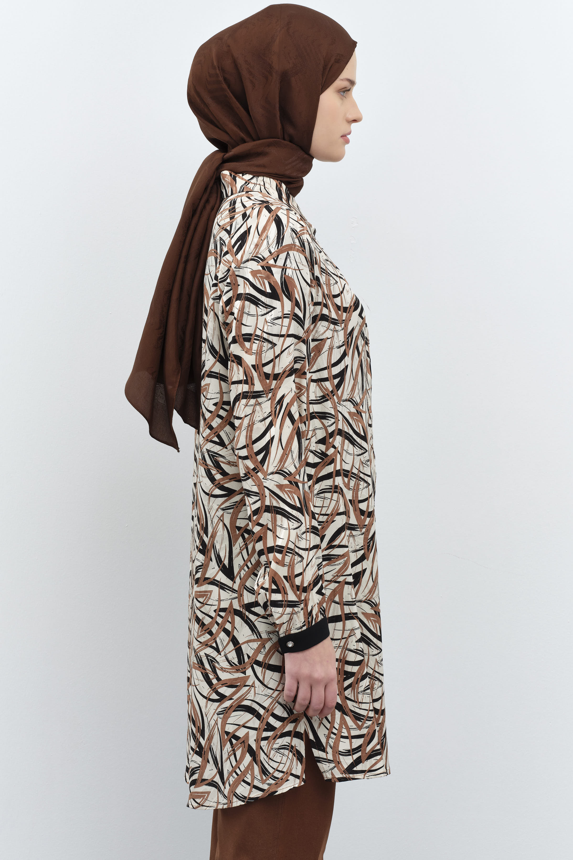 Garnili Manşet Desenli Jakar Tunik - Kahve TUGBA