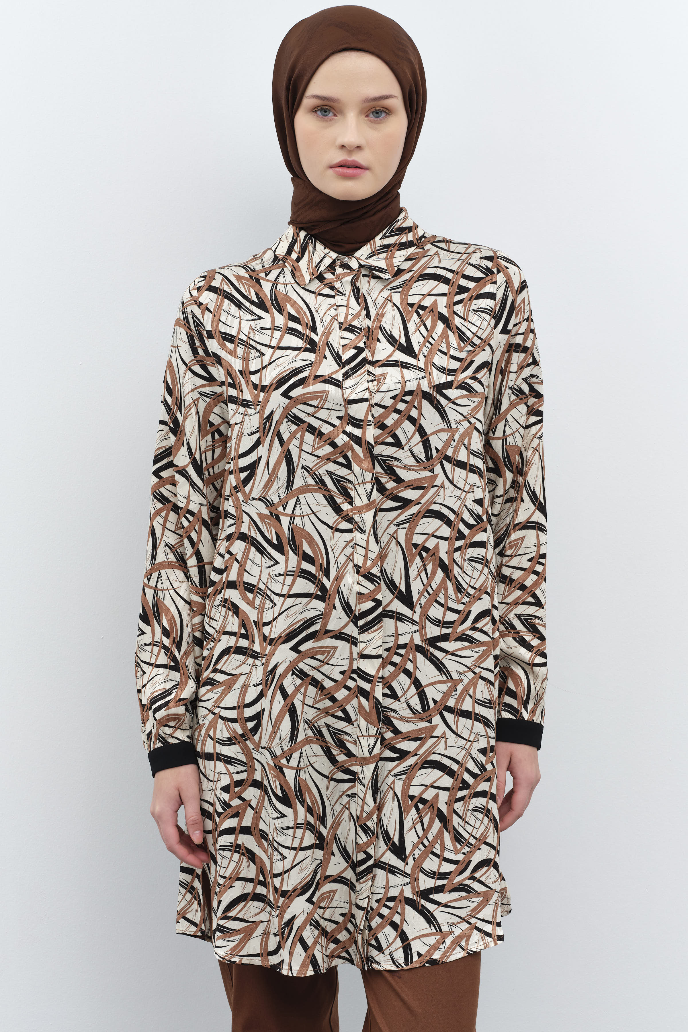 Garnili Manşet Desenli Jakar Tunik - Kahve TUGBA