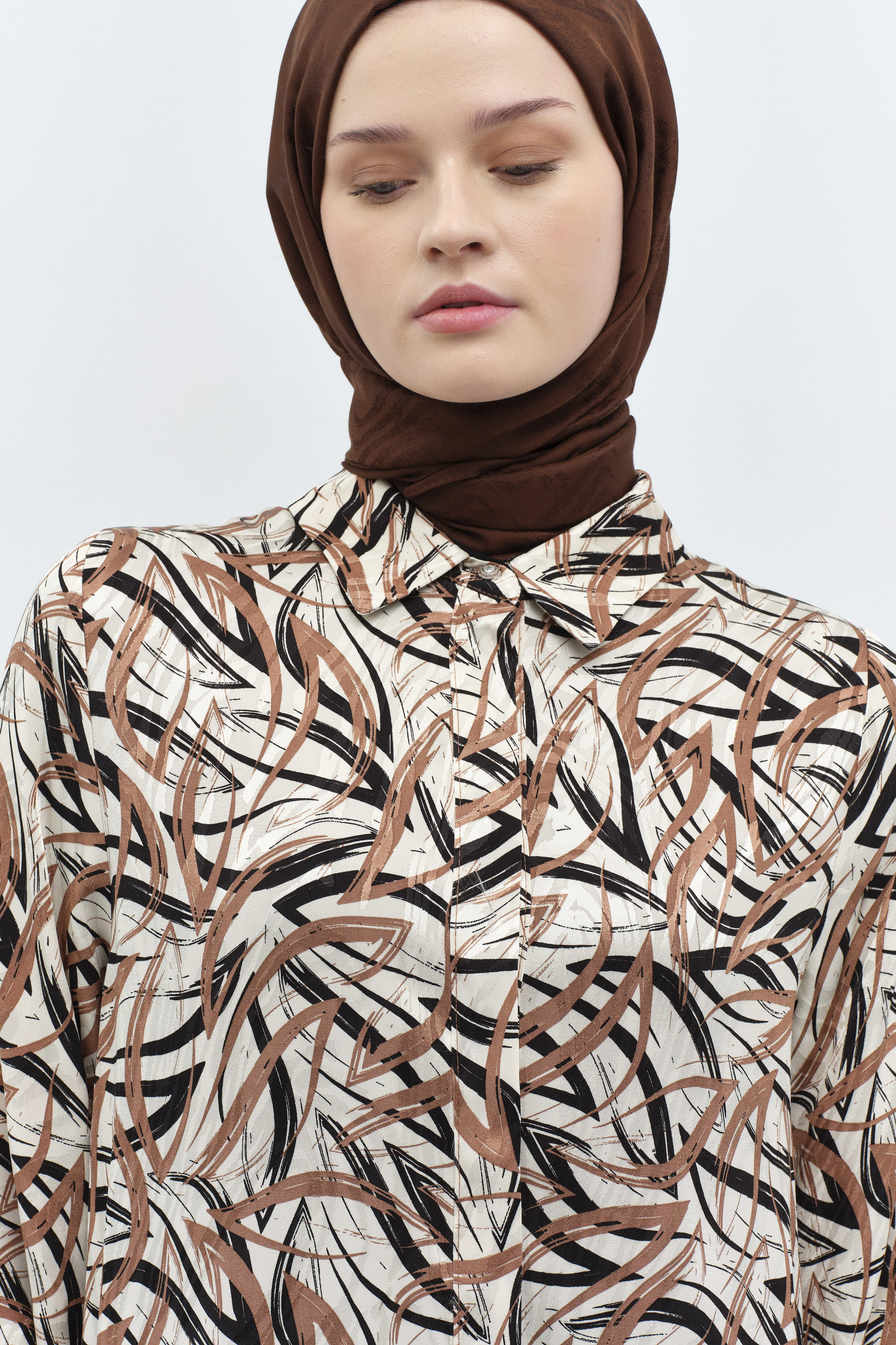 Garnili Manşet Desenli Jakar Tunik - Kahve TUGBA