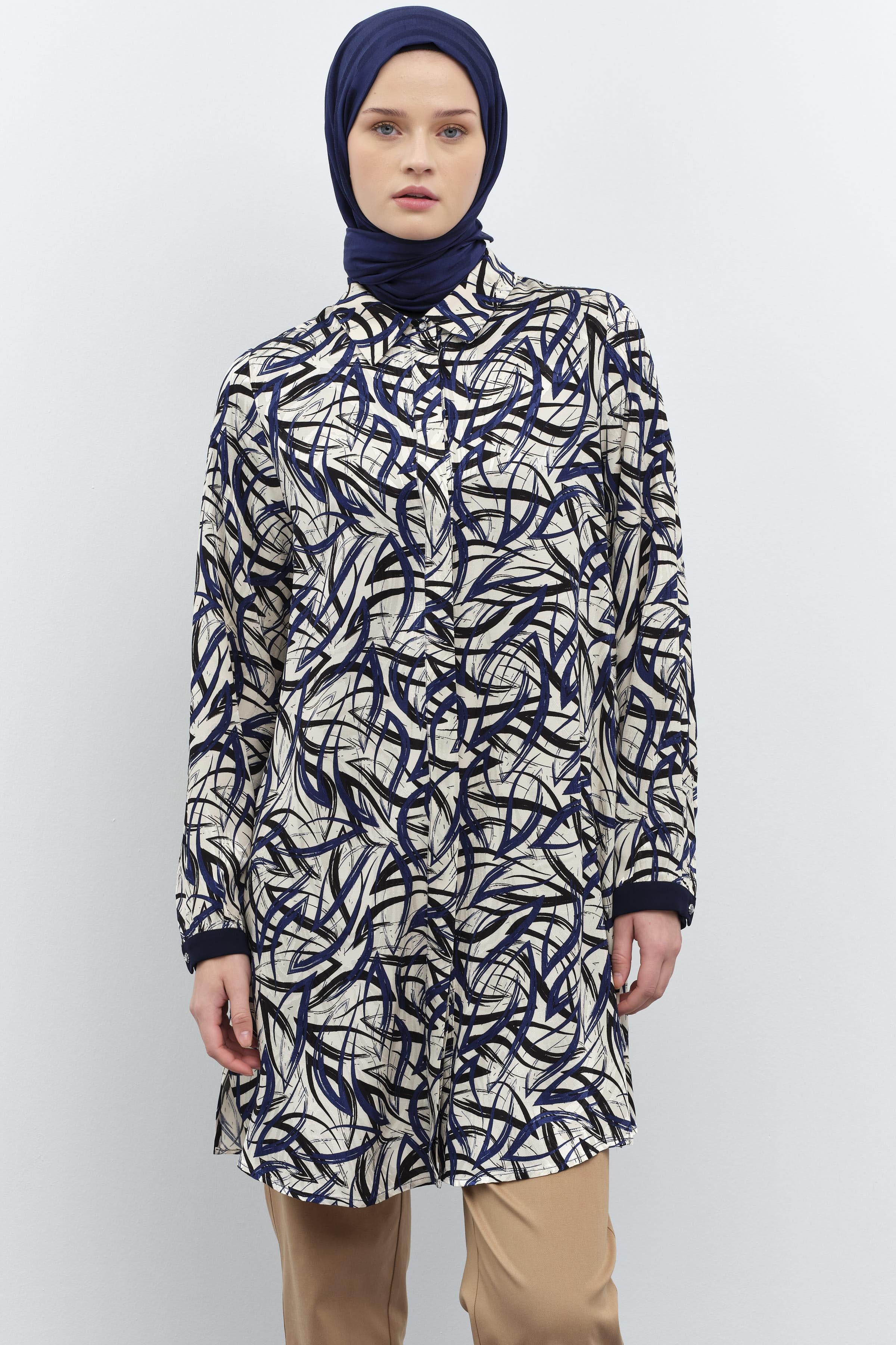 Garnili Manşet Desenli Jakar Tunik - Lacivert TUGBA