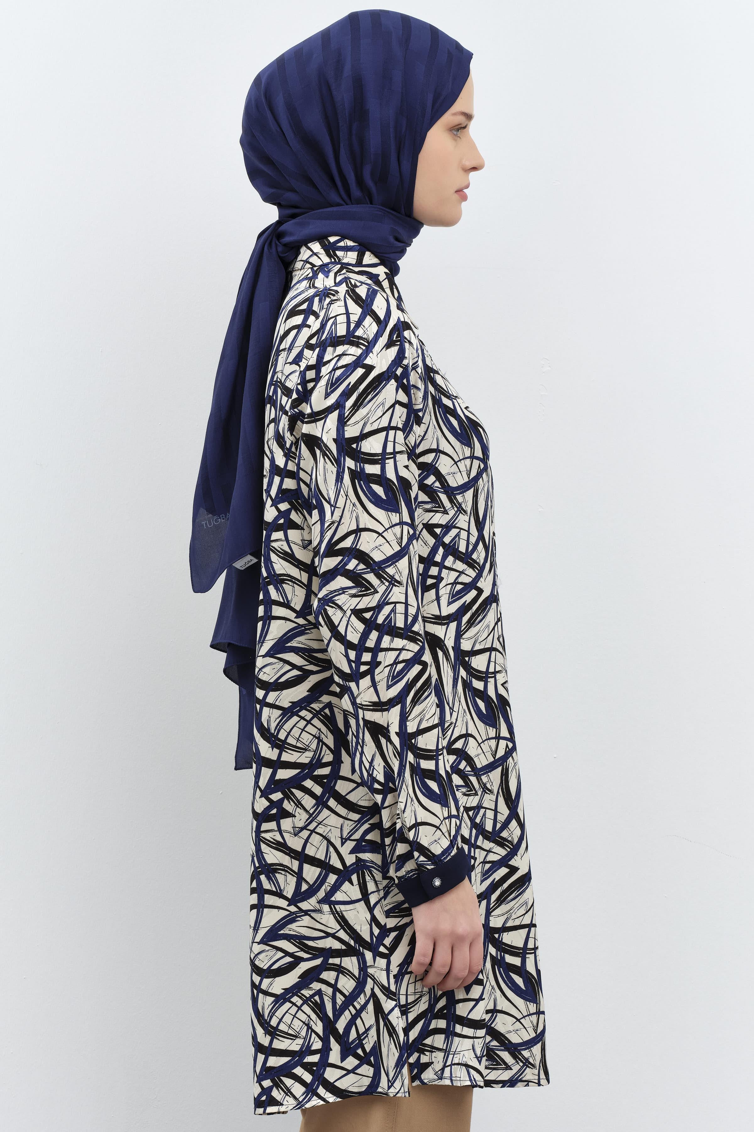 Garnili Manşet Desenli Jakar Tunik - Lacivert TUGBA