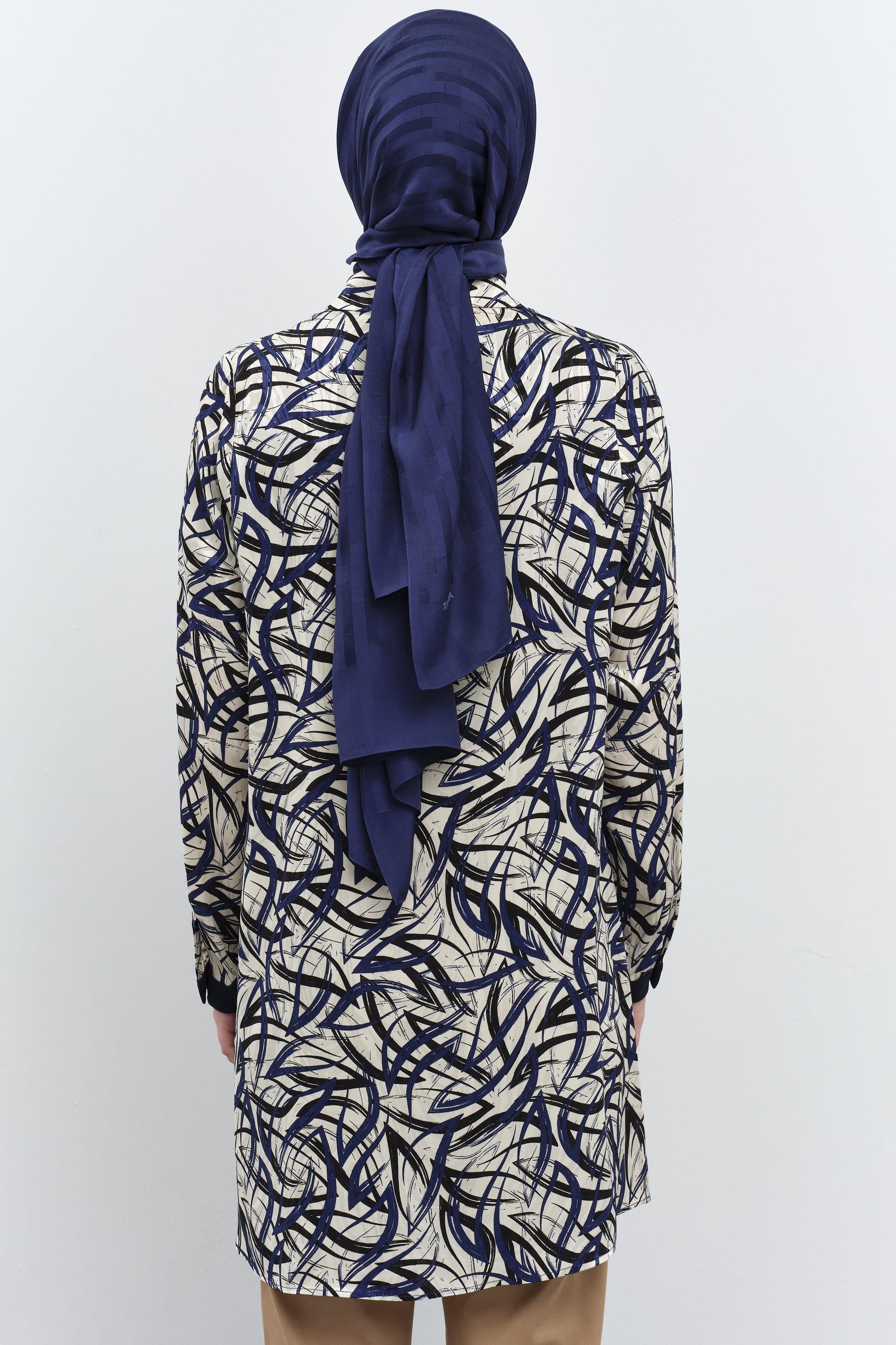 Garnili Manşet Desenli Jakar Tunik - Lacivert TUGBA