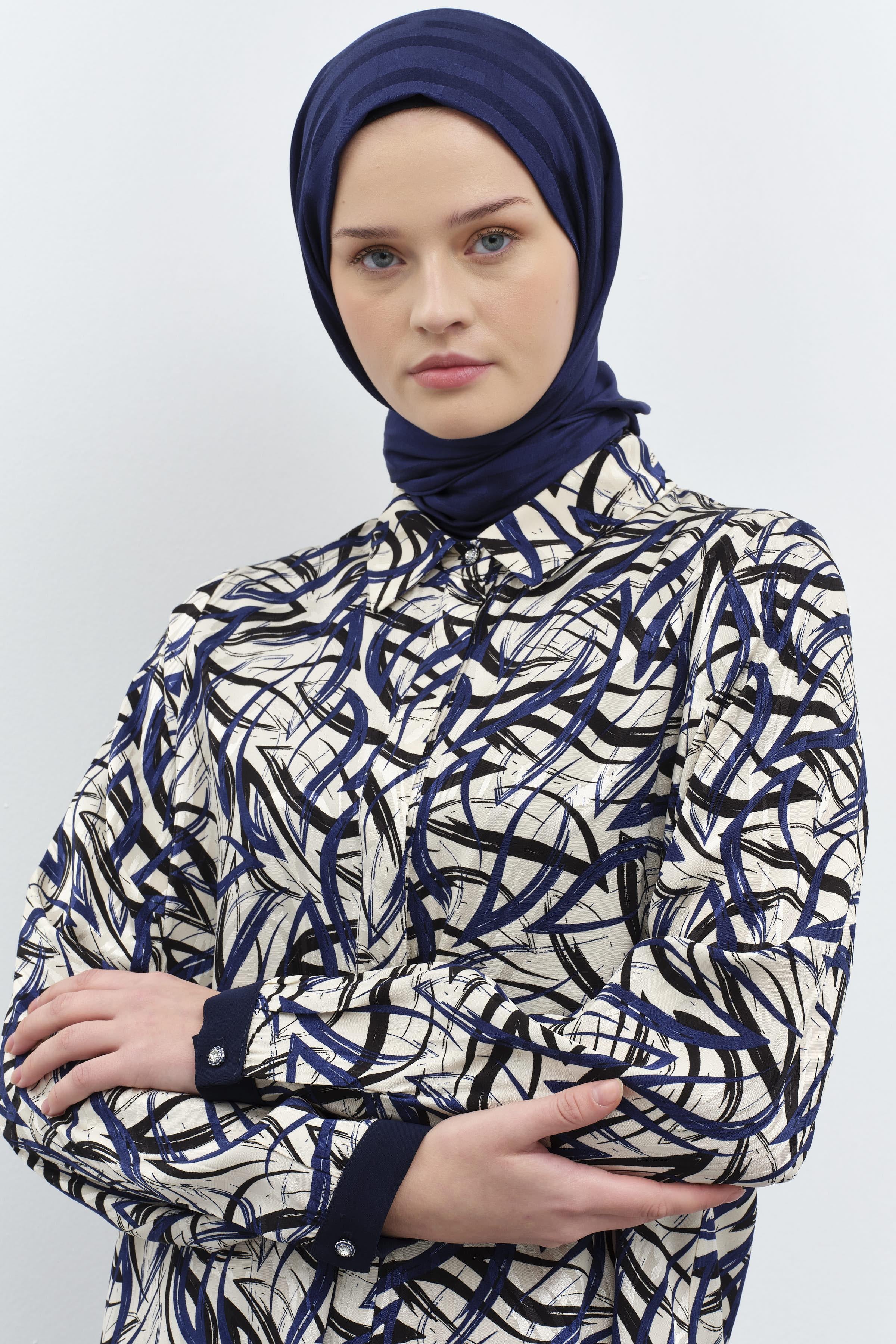 Garnili Manşet Desenli Jakar Tunik - Lacivert TUGBA