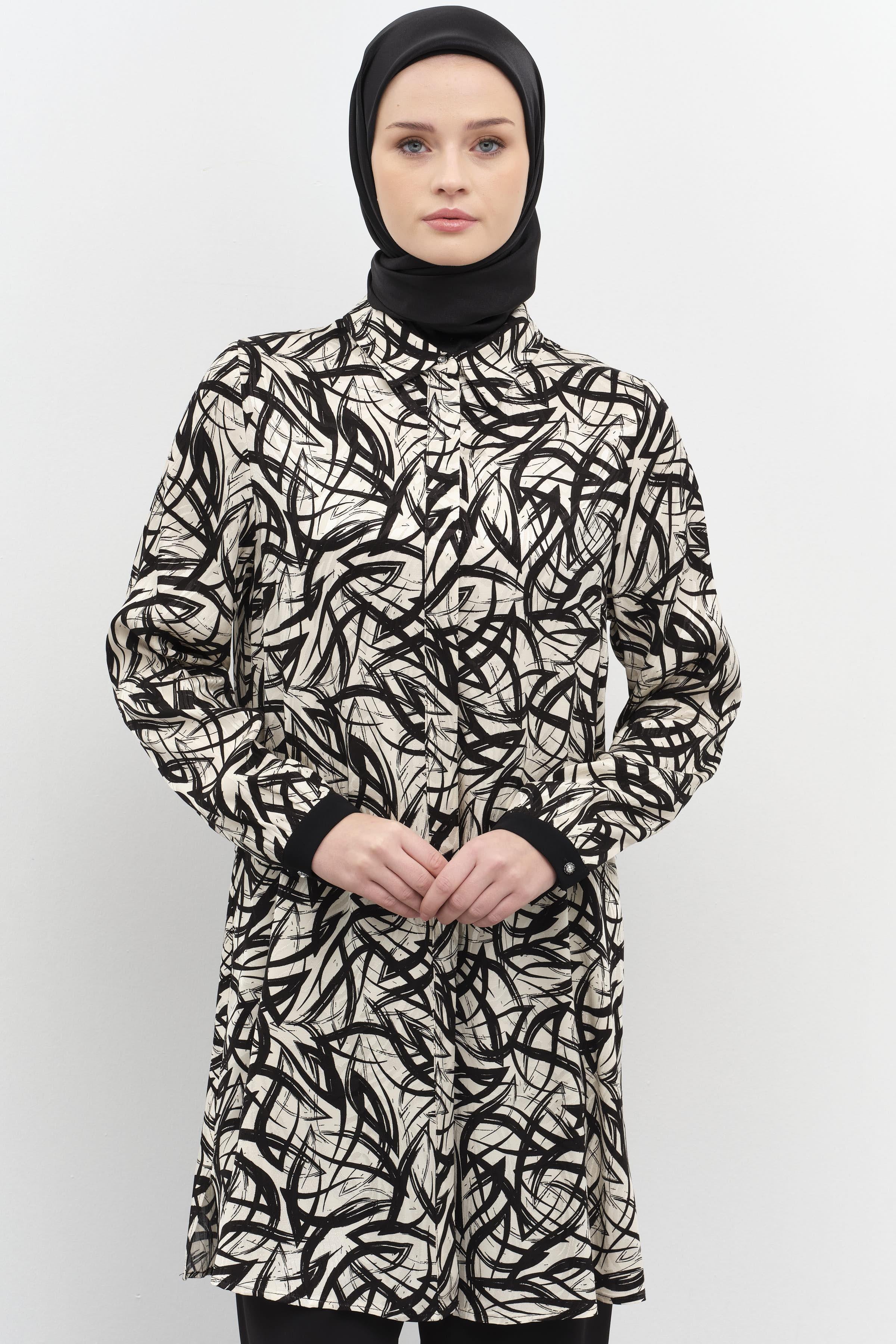 Garnili Manşet Desenli Jakar Tunik - Siyah TUGBA