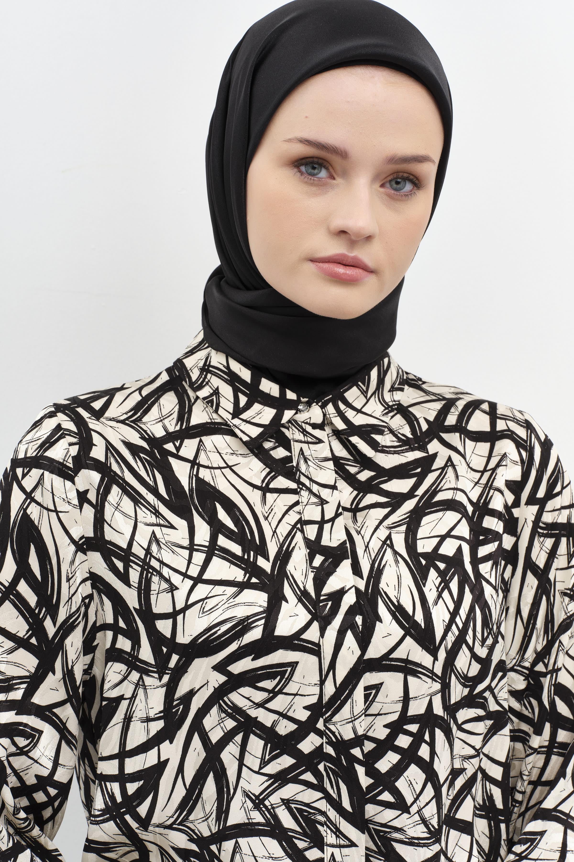 Garnili Manşet Desenli Jakar Tunik - Siyah TUGBA