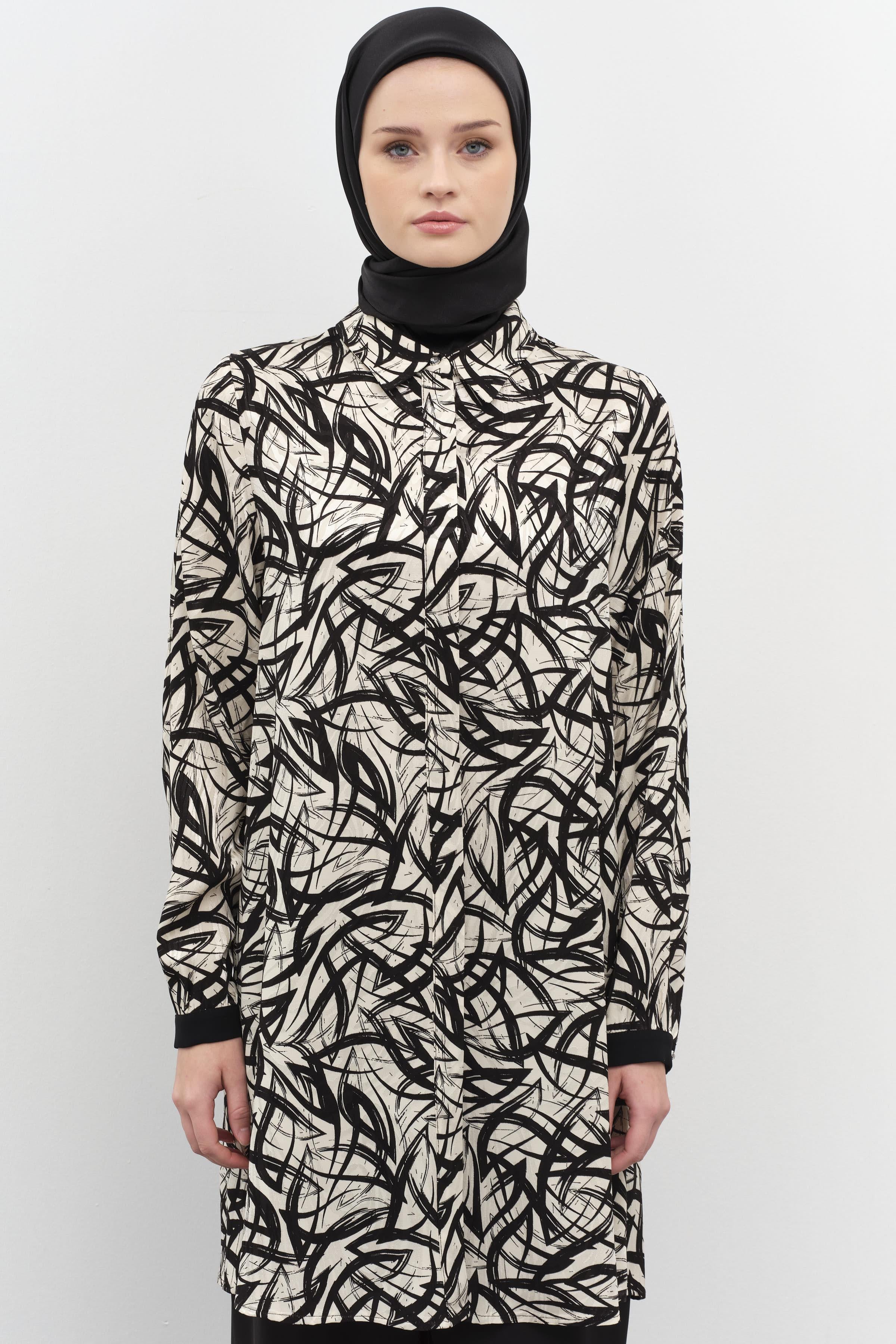 Garnili Manşet Desenli Jakar Tunik - Siyah TUGBA