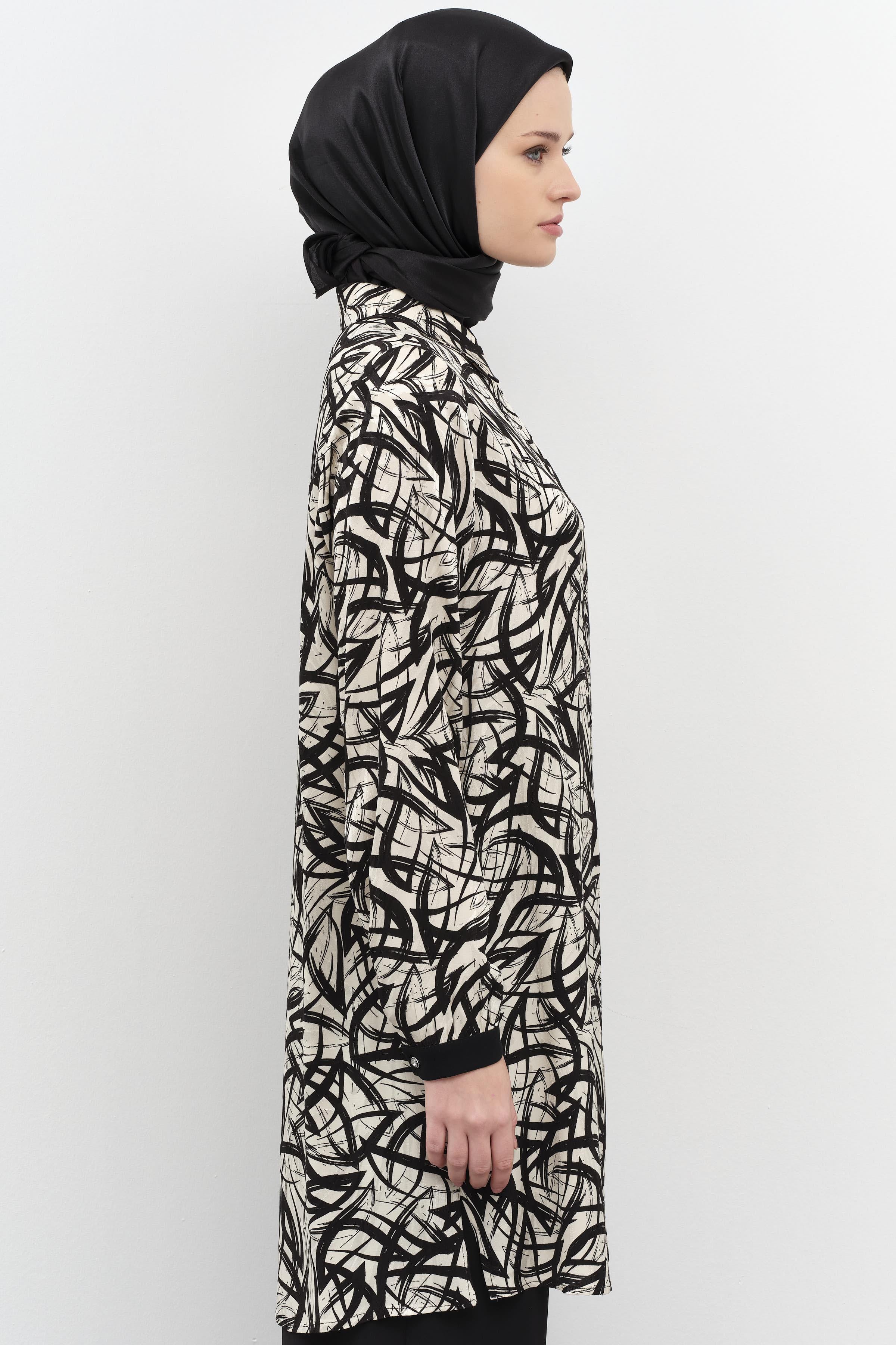 Garnili Manşet Desenli Jakar Tunik - Siyah TUGBA