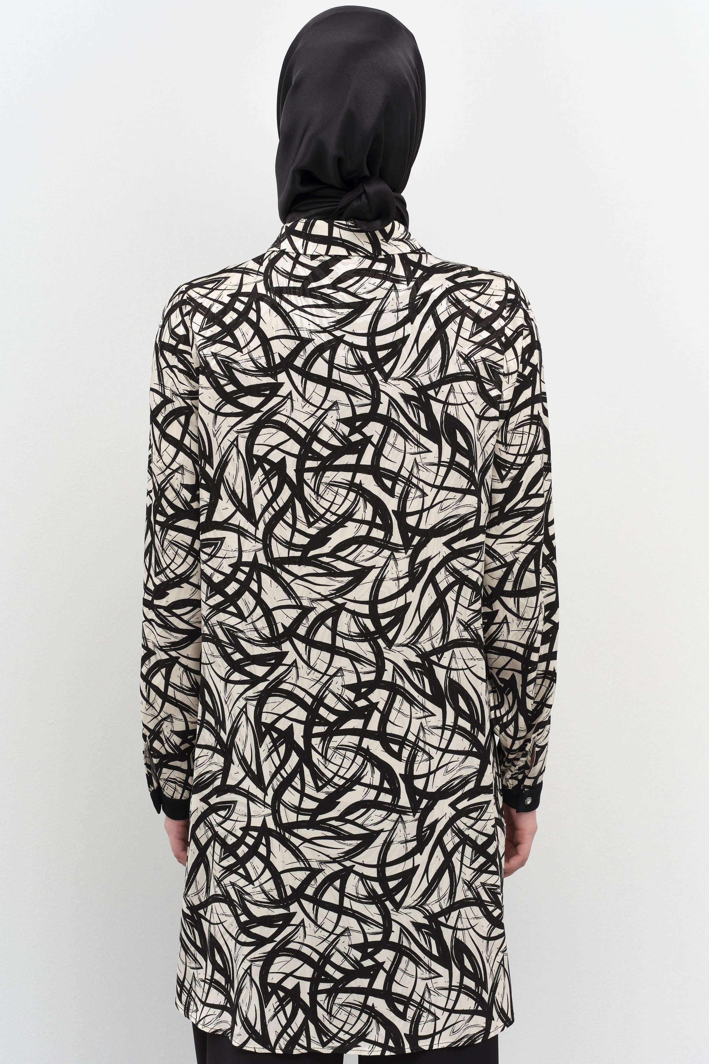 Garnili Manşet Desenli Jakar Tunik - Siyah TUGBA