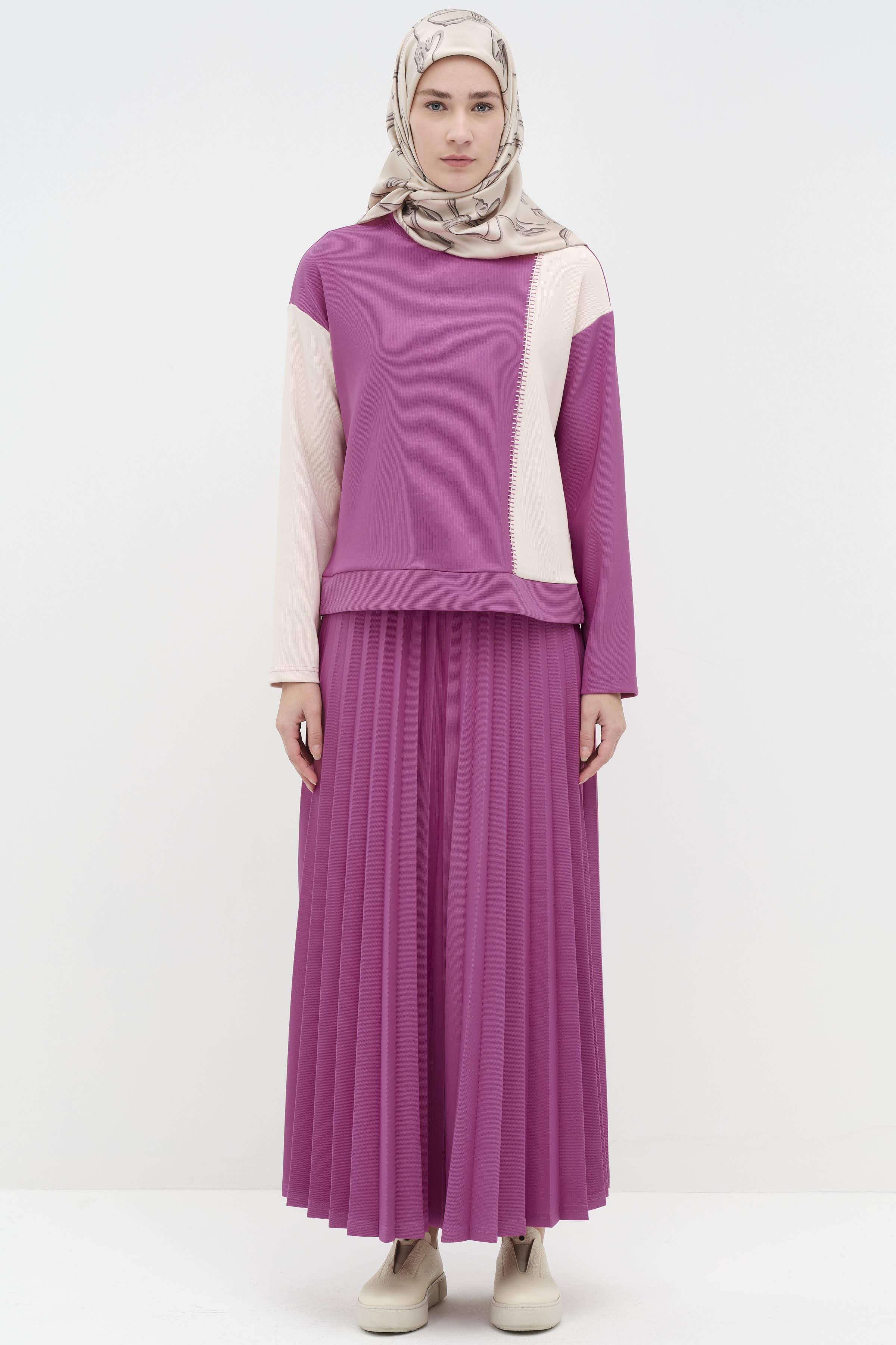 Garnili Nakış Detaylı Etek Bluz Örme Takım - Fuşya TUGBA