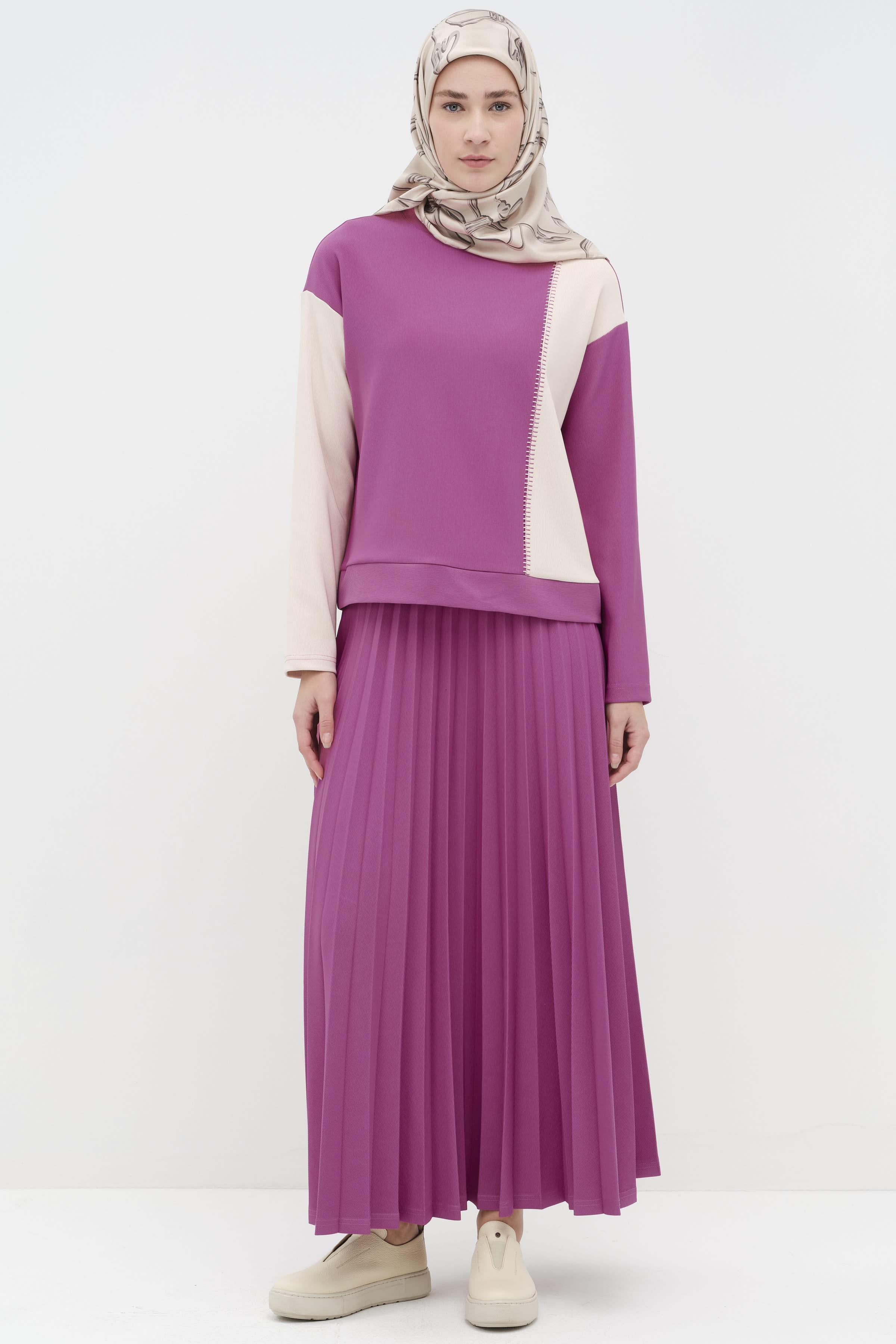 Garnili Nakış Detaylı Etek Bluz Örme Takım - Fuşya TUGBA