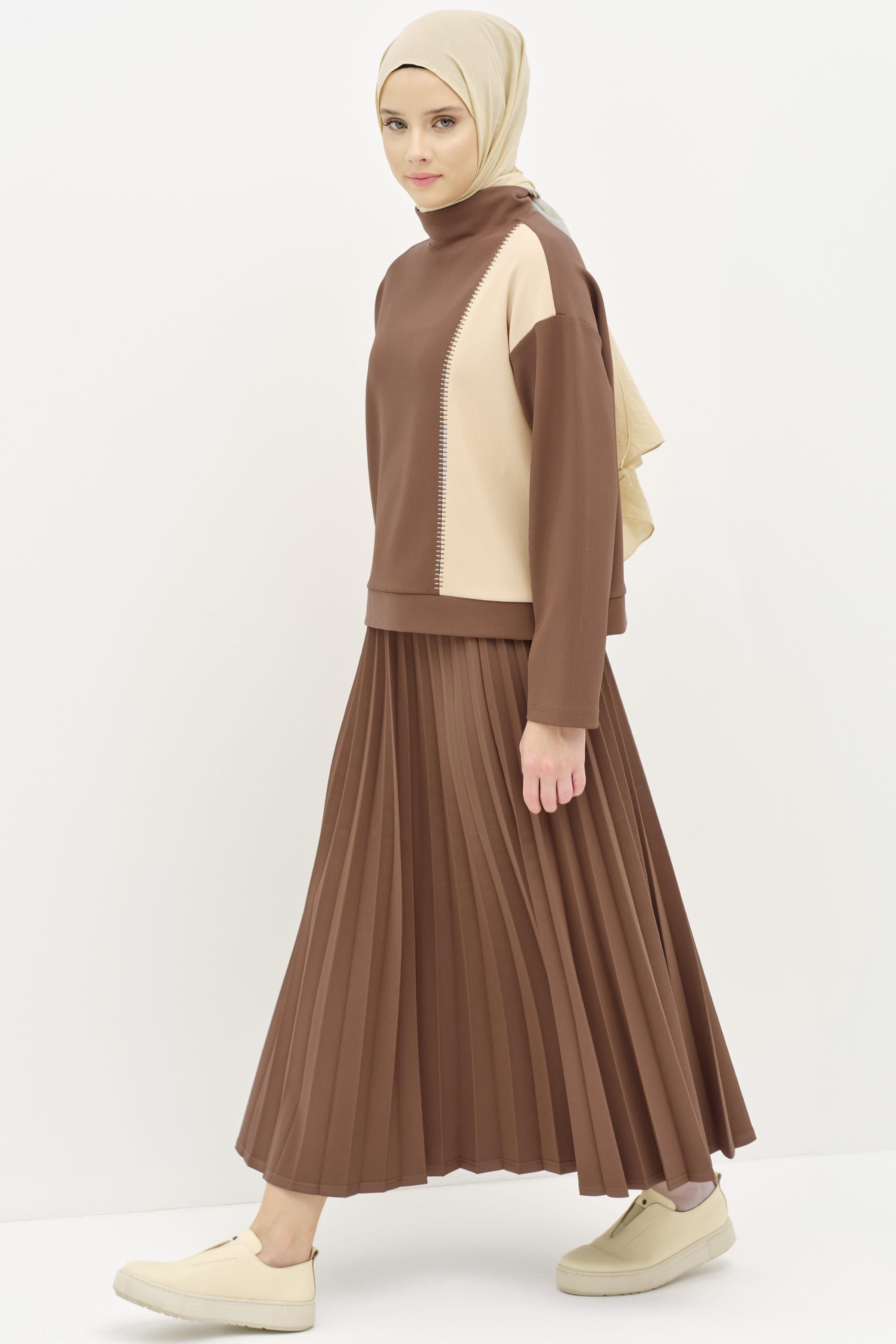 Garnili Nakış Detaylı Etek Bluz Örme Takım - Kahve TUGBA