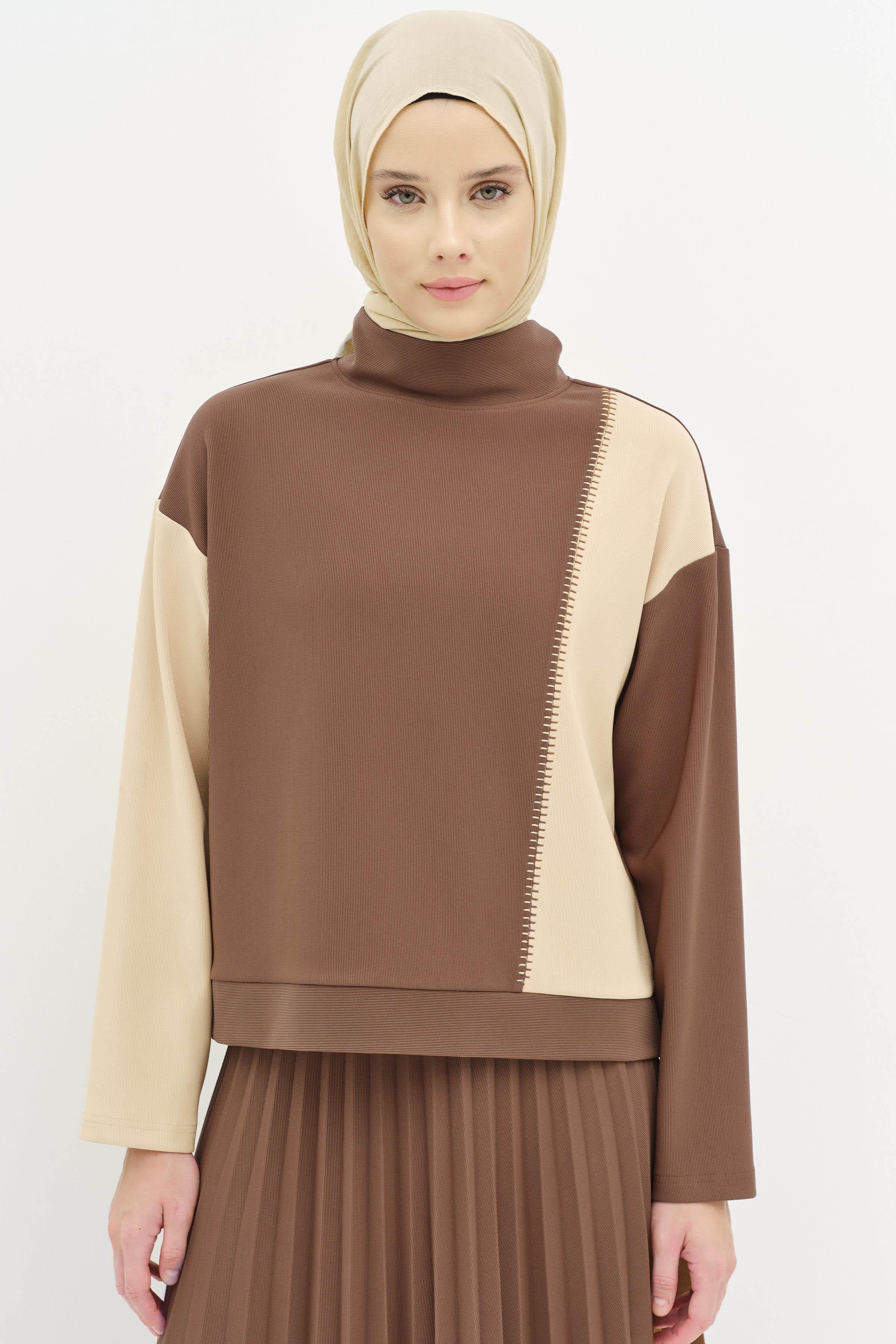 Garnili Nakış Detaylı Etek Bluz Örme Takım - Kahve TUGBA