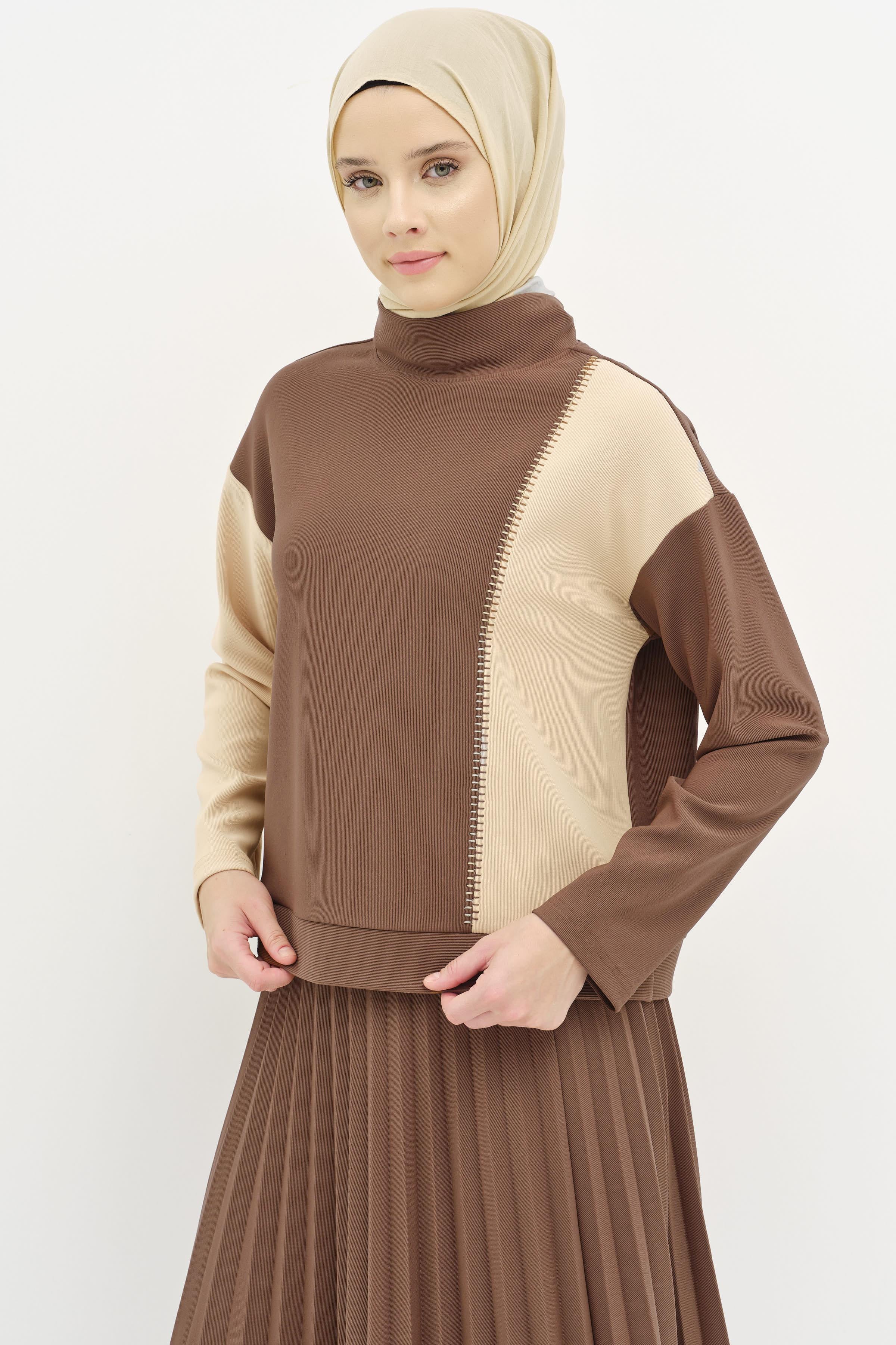 Garnili Nakış Detaylı Etek Bluz Örme Takım - Kahve TUGBA