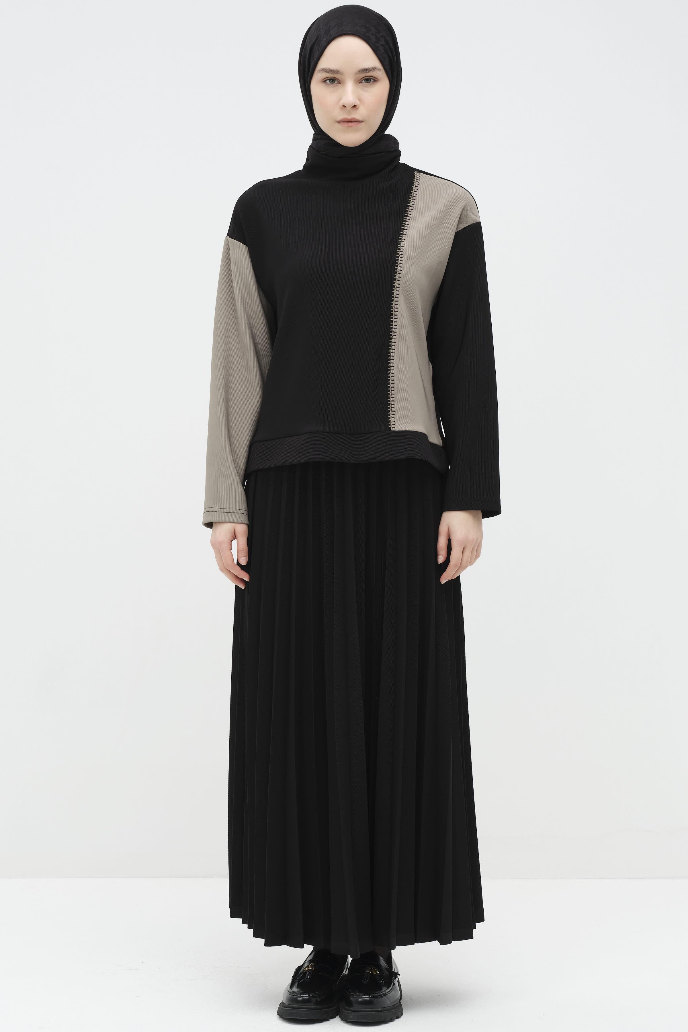 Garnili Nakış Detaylı Etek Bluz Örme Takım - Siyah TUGBA