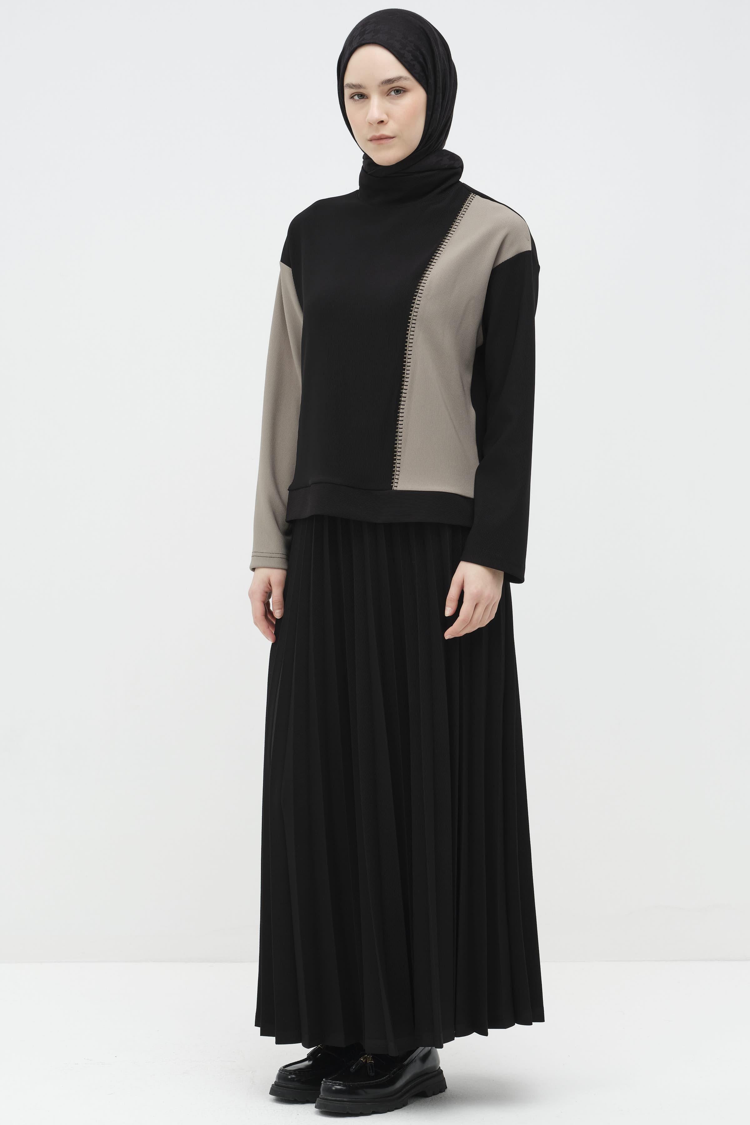 Garnili Nakış Detaylı Etek Bluz Örme Takım - Siyah TUGBA