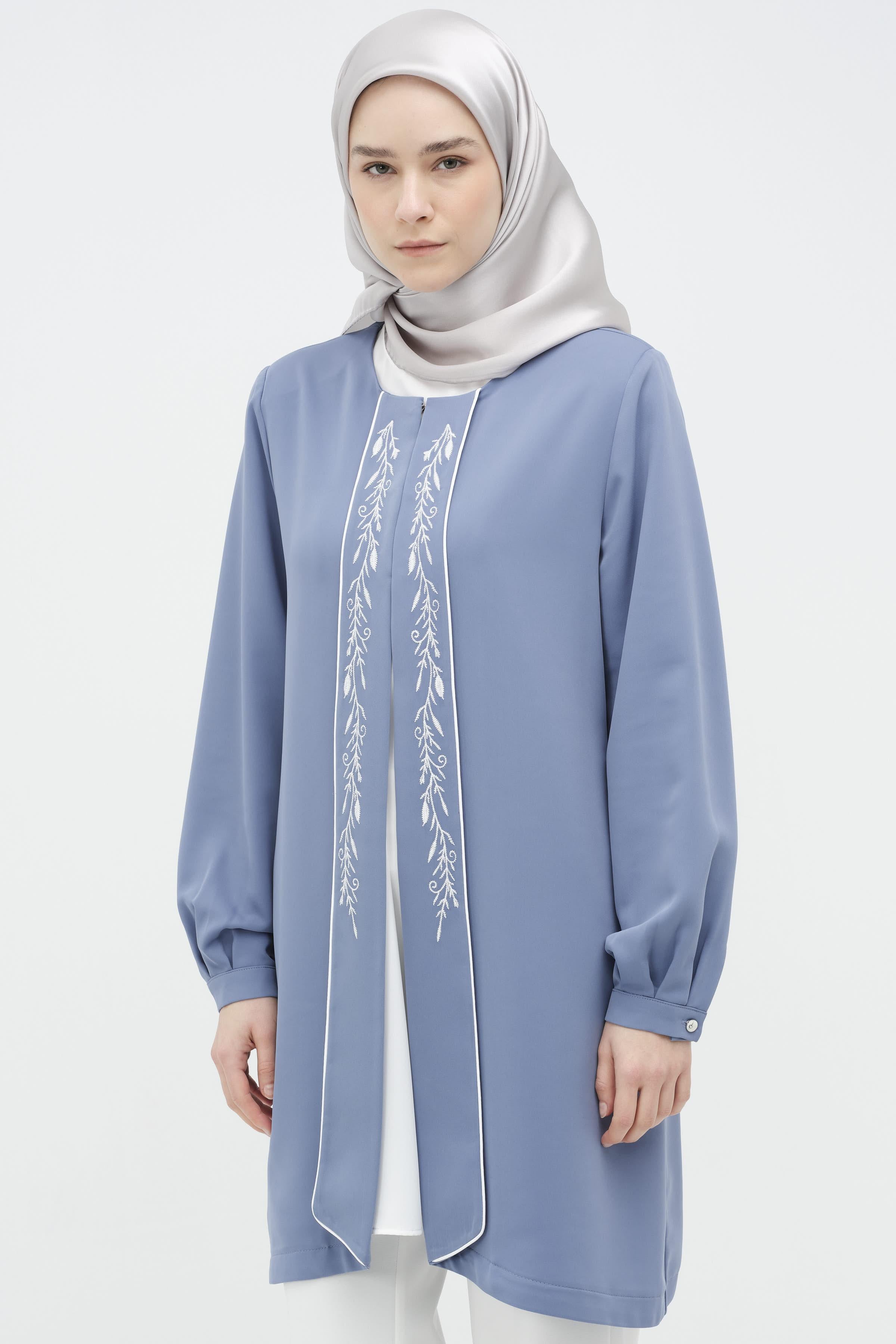 Garnili Nakışlı Ceket Bluz Takım - Gri Mavi TUGBA