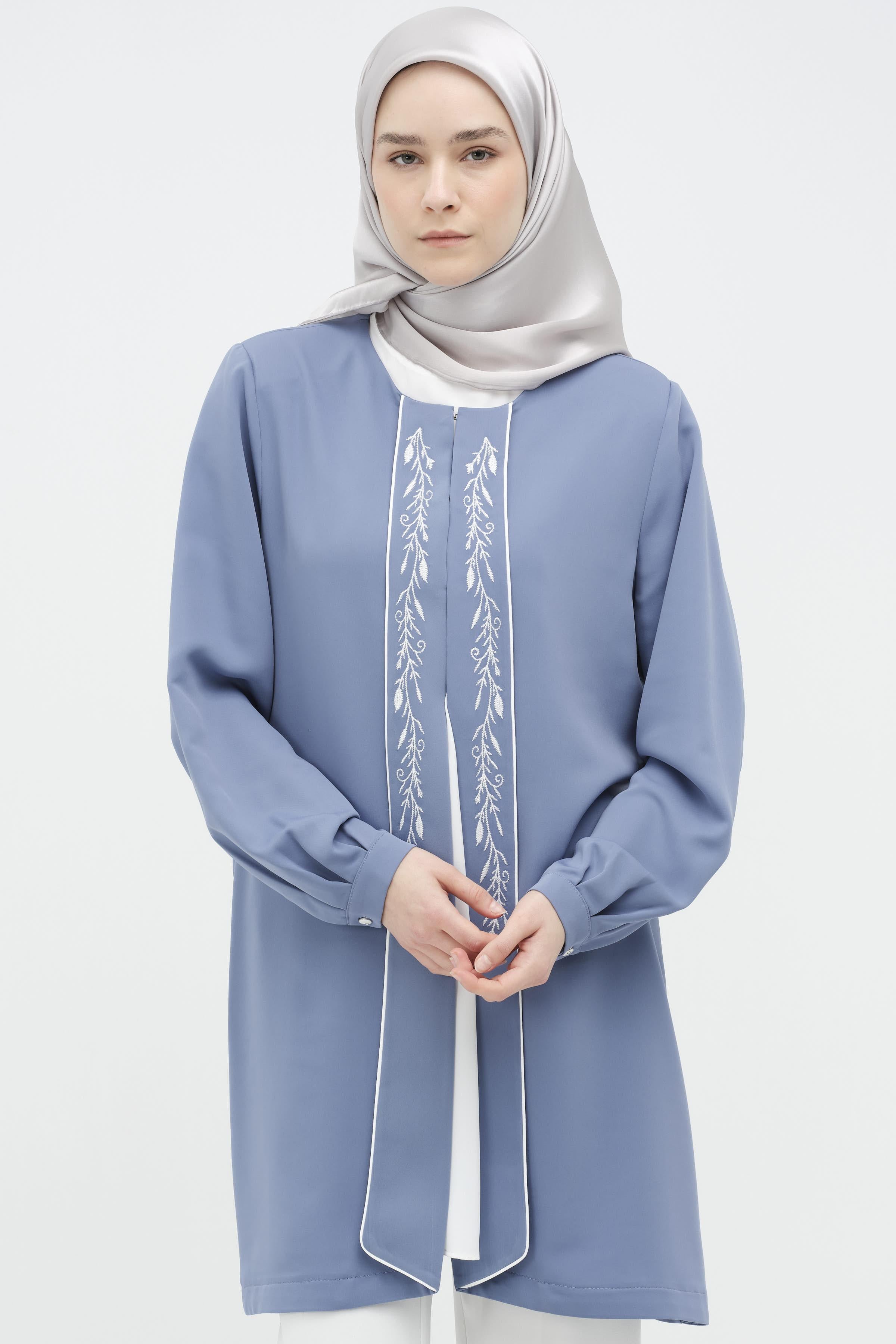 Garnili Nakışlı Ceket Bluz Takım - Gri Mavi TUGBA
