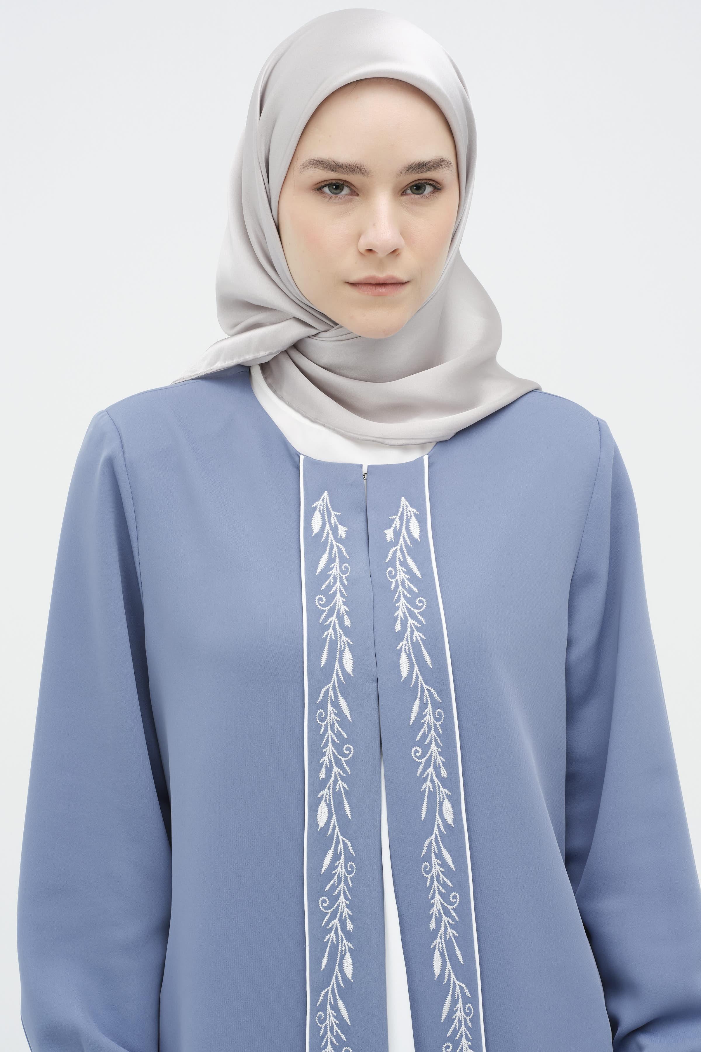 Garnili Nakışlı Ceket Bluz Takım - Gri Mavi TUGBA