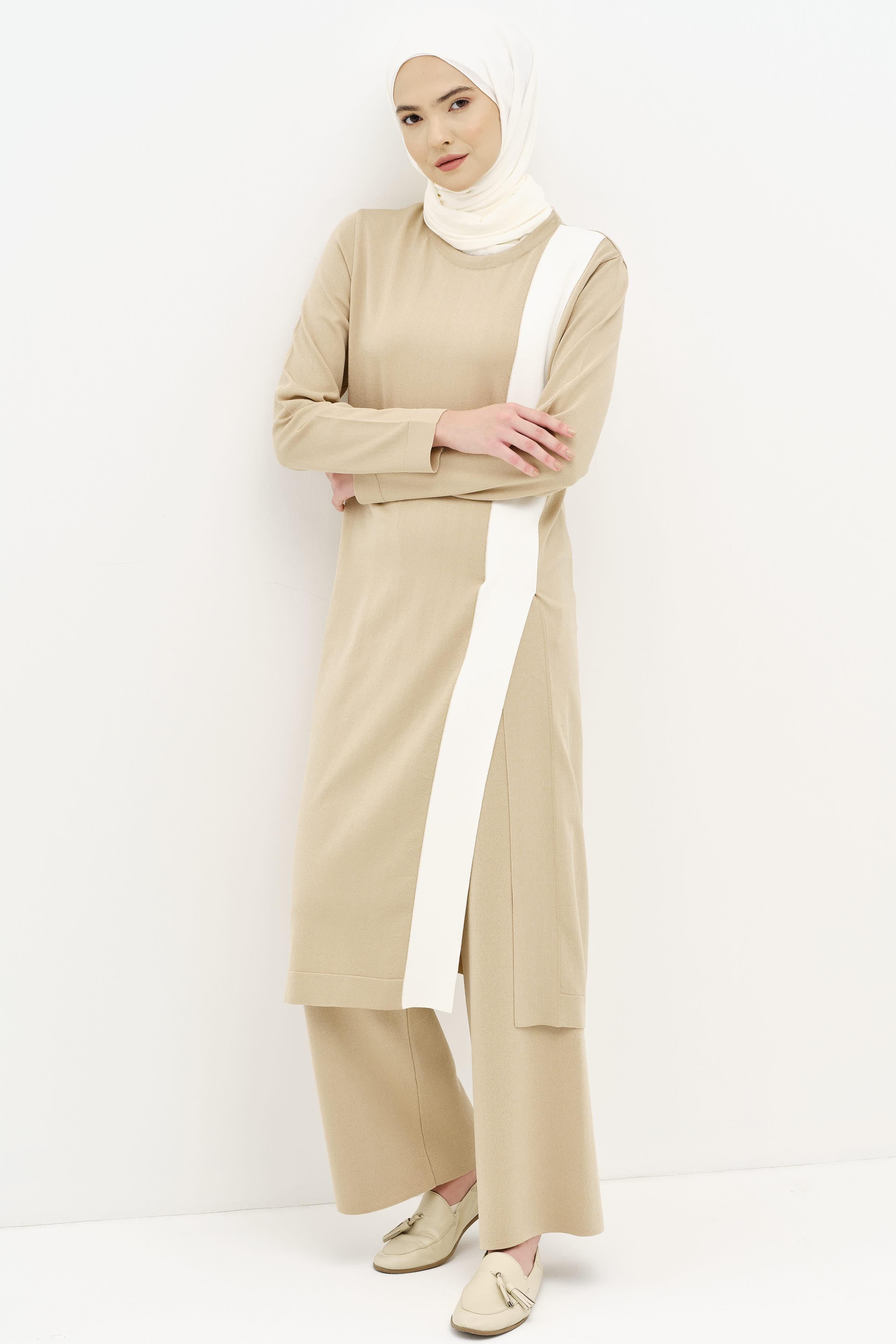 Garnili Yırtmaçlı Tunik Pantolon Triko Takım - Taş TUGBA