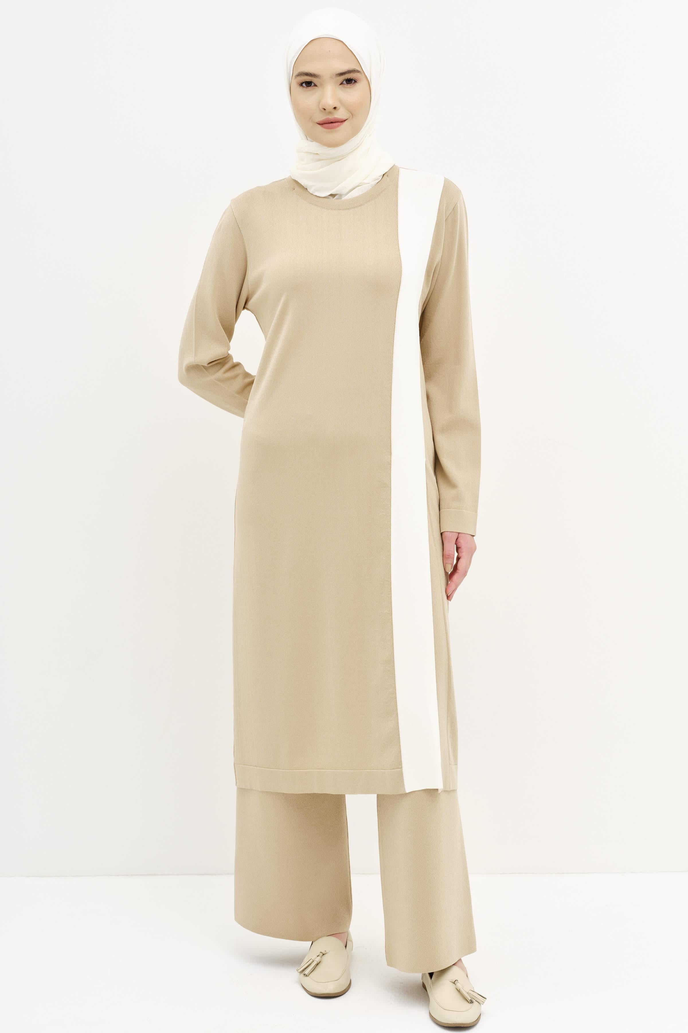 Garnili Yırtmaçlı Tunik Pantolon Triko Takım - Taş TUGBA