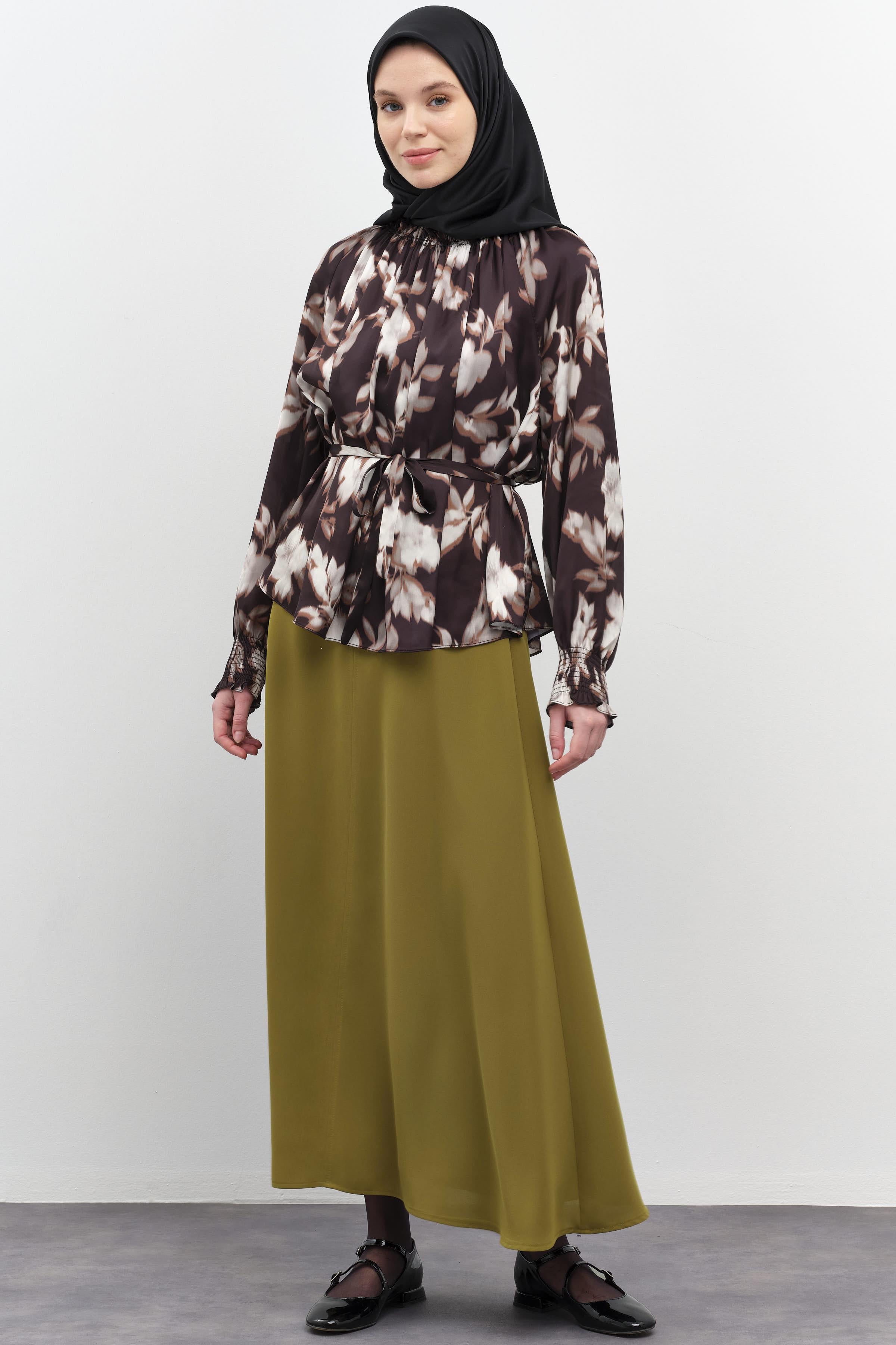 Gaze Dikiş Detaylı Godeli Etek - Olive TUGBA