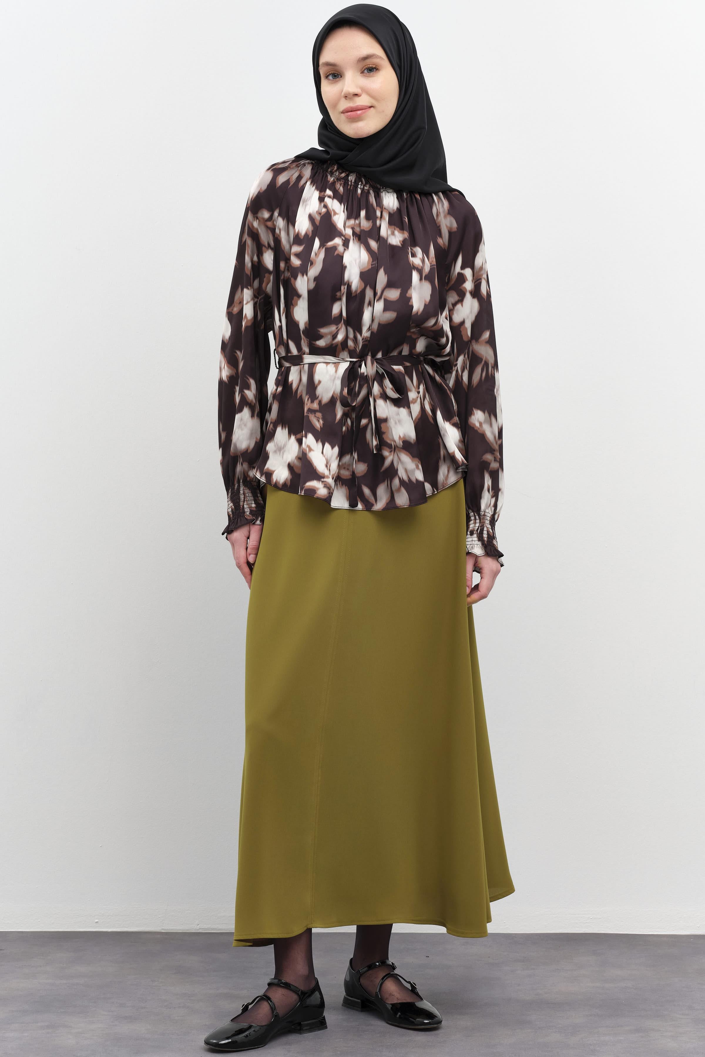 Gaze Dikiş Detaylı Godeli Etek - Olive TUGBA