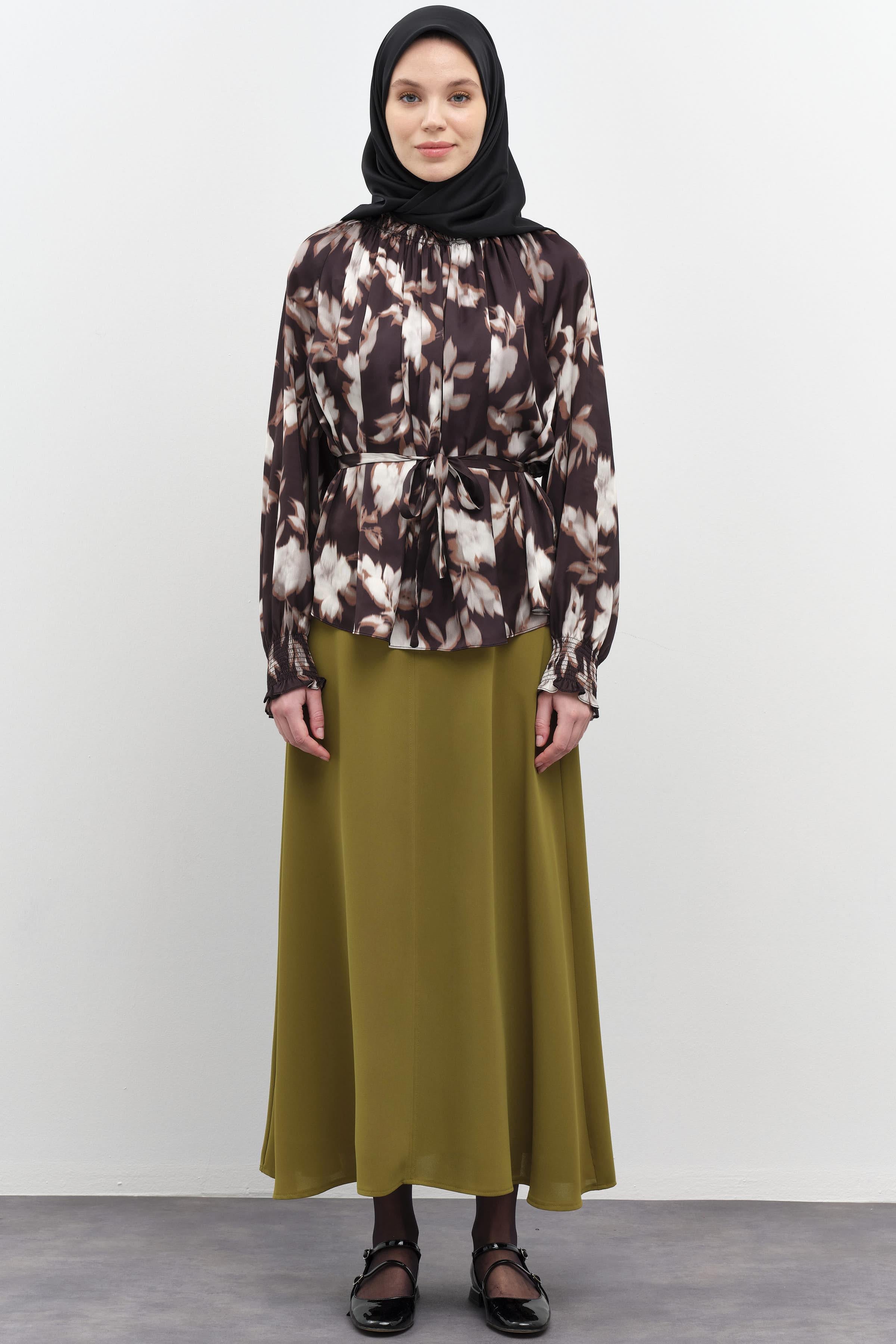 Gaze Dikiş Detaylı Godeli Etek - Olive TUGBA