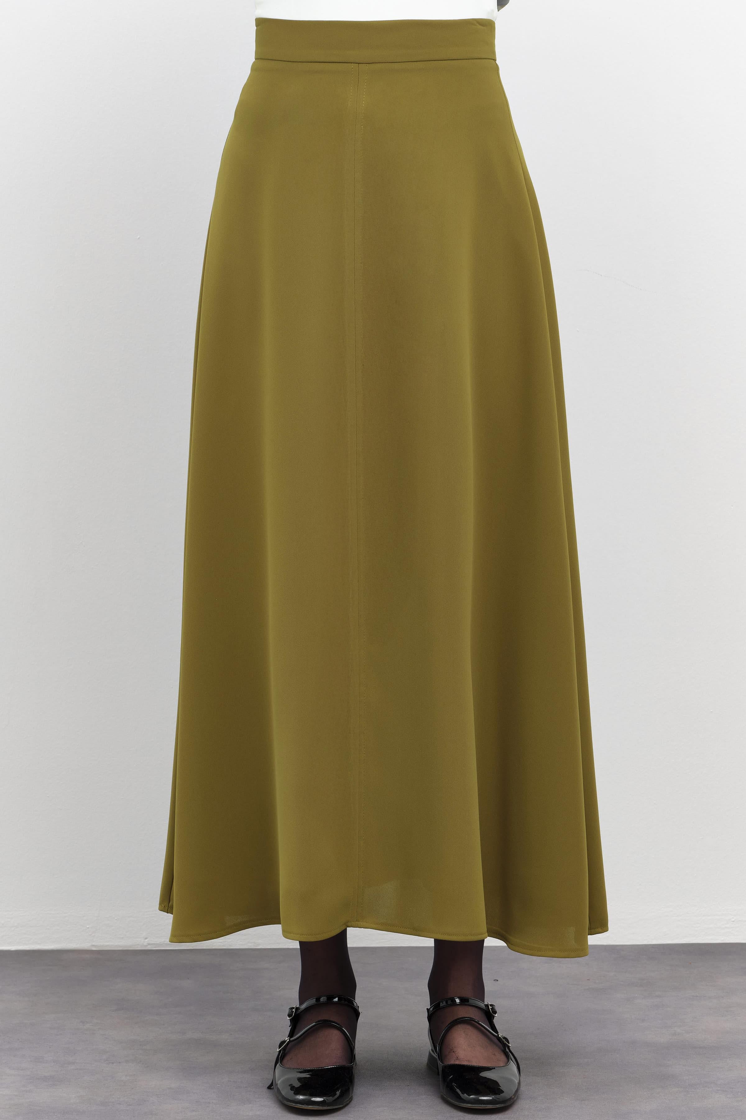 Gaze Dikiş Detaylı Godeli Etek - Olive TUGBA