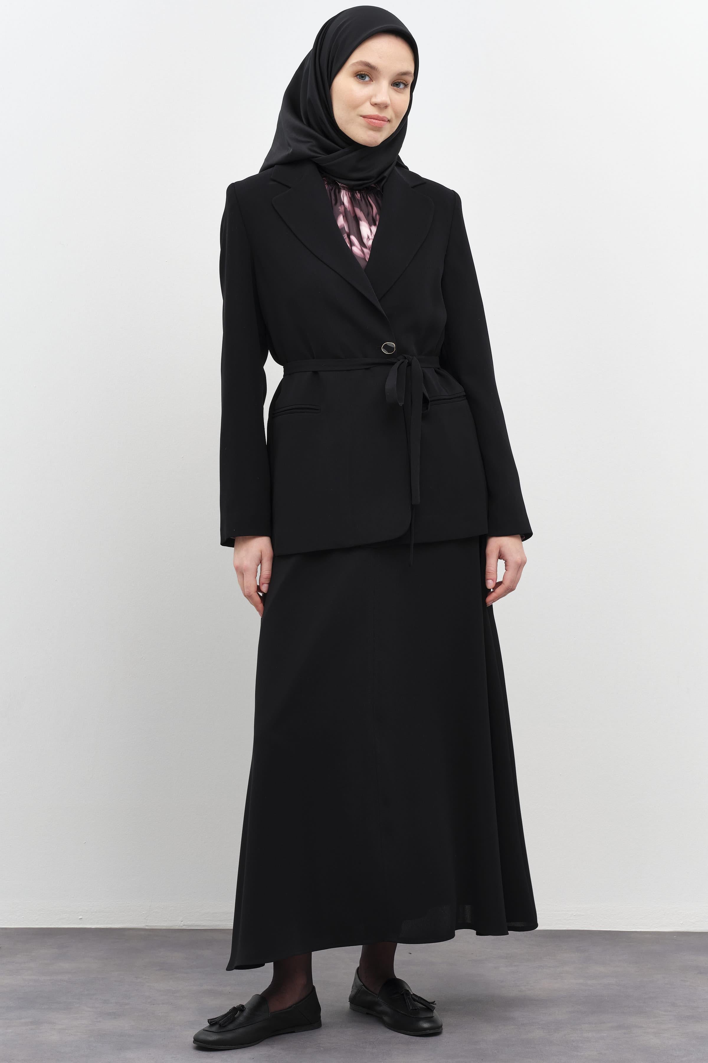 Gaze Dikiş Detaylı Godeli Etek - Siyah TUGBA