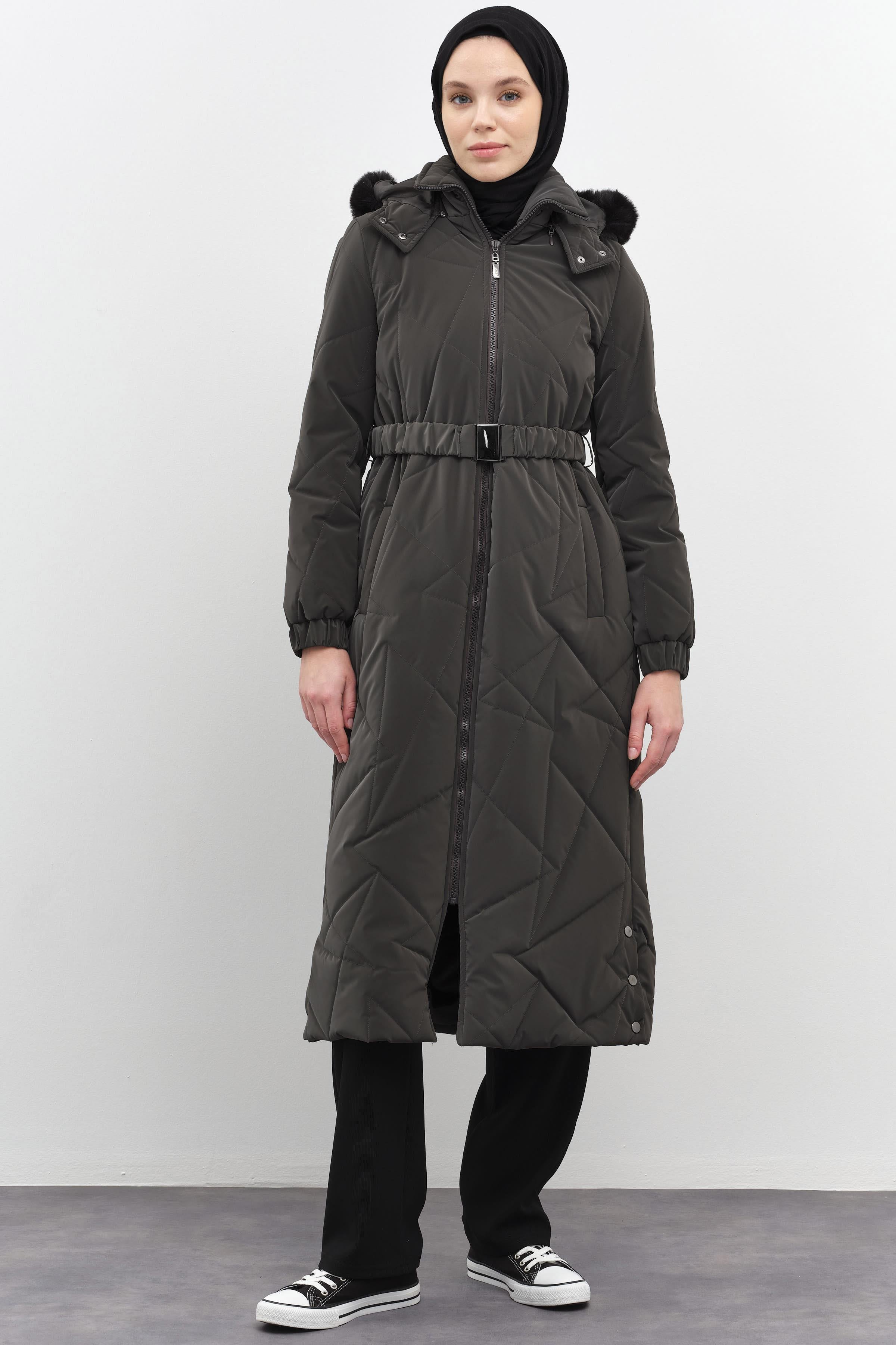 Geometrik Desen Şişme Manto - Antrasit TUGBA