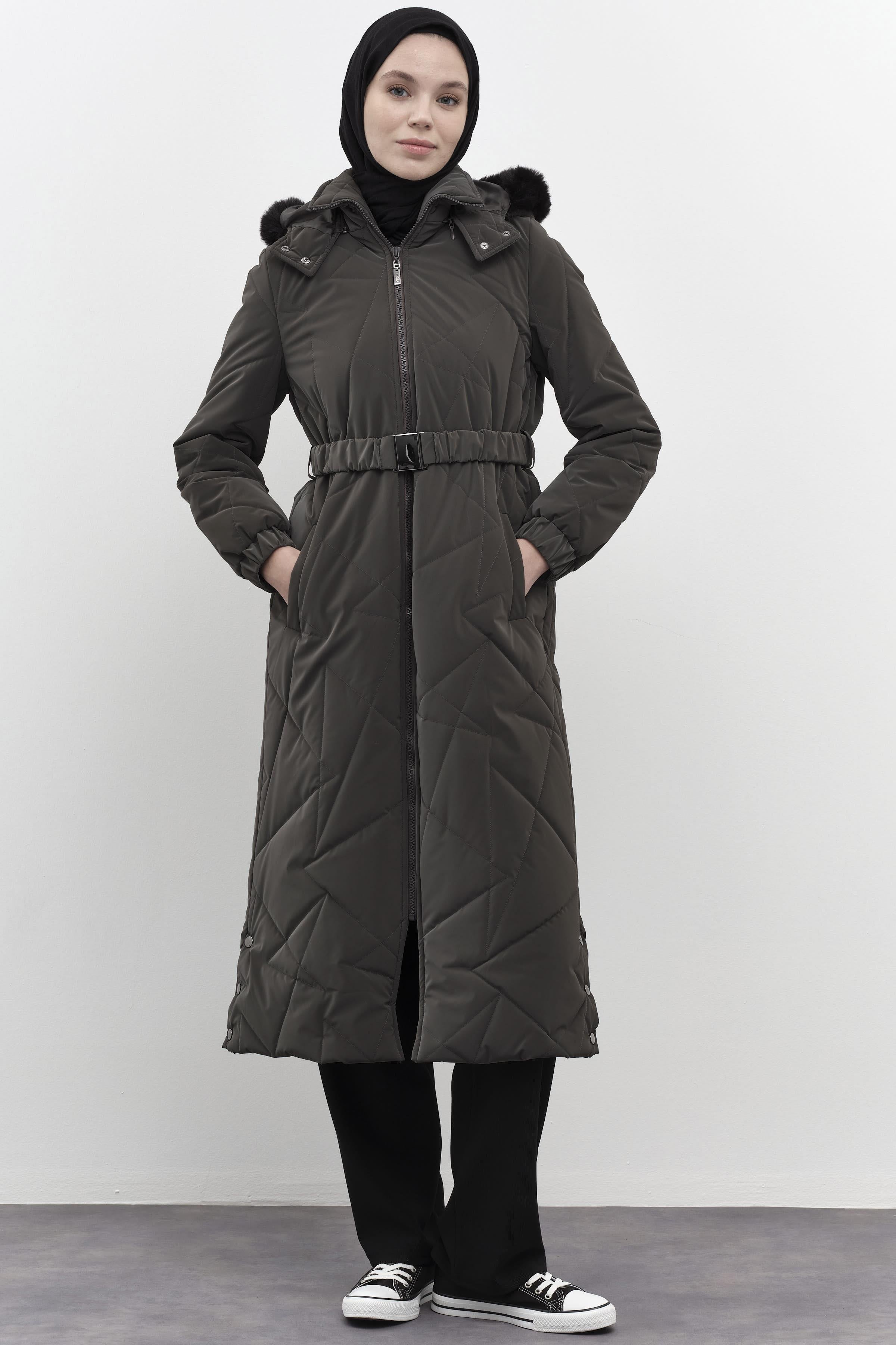 Geometrik Desen Şişme Manto - Antrasit TUGBA