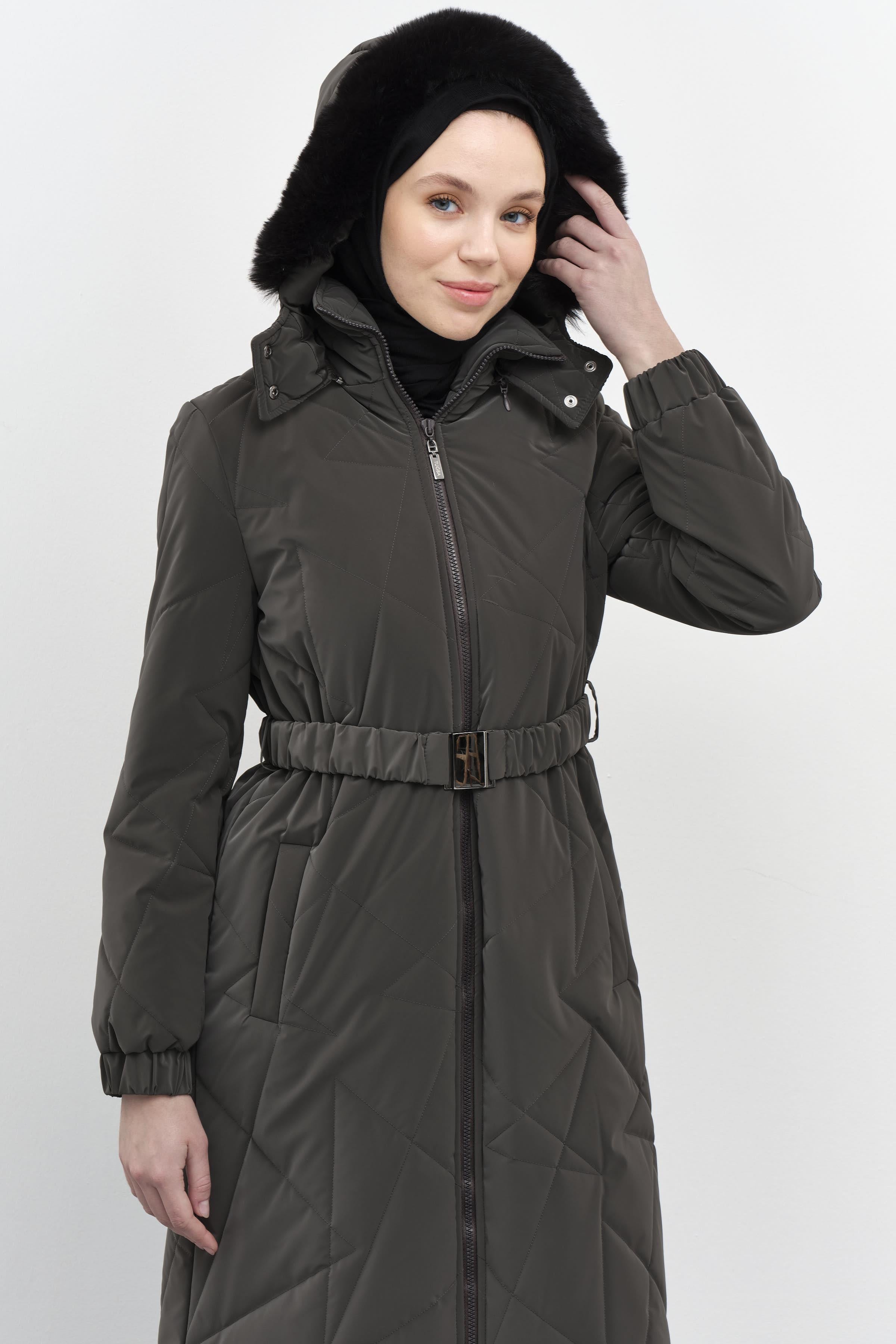 Geometrik Desen Şişme Manto - Antrasit TUGBA