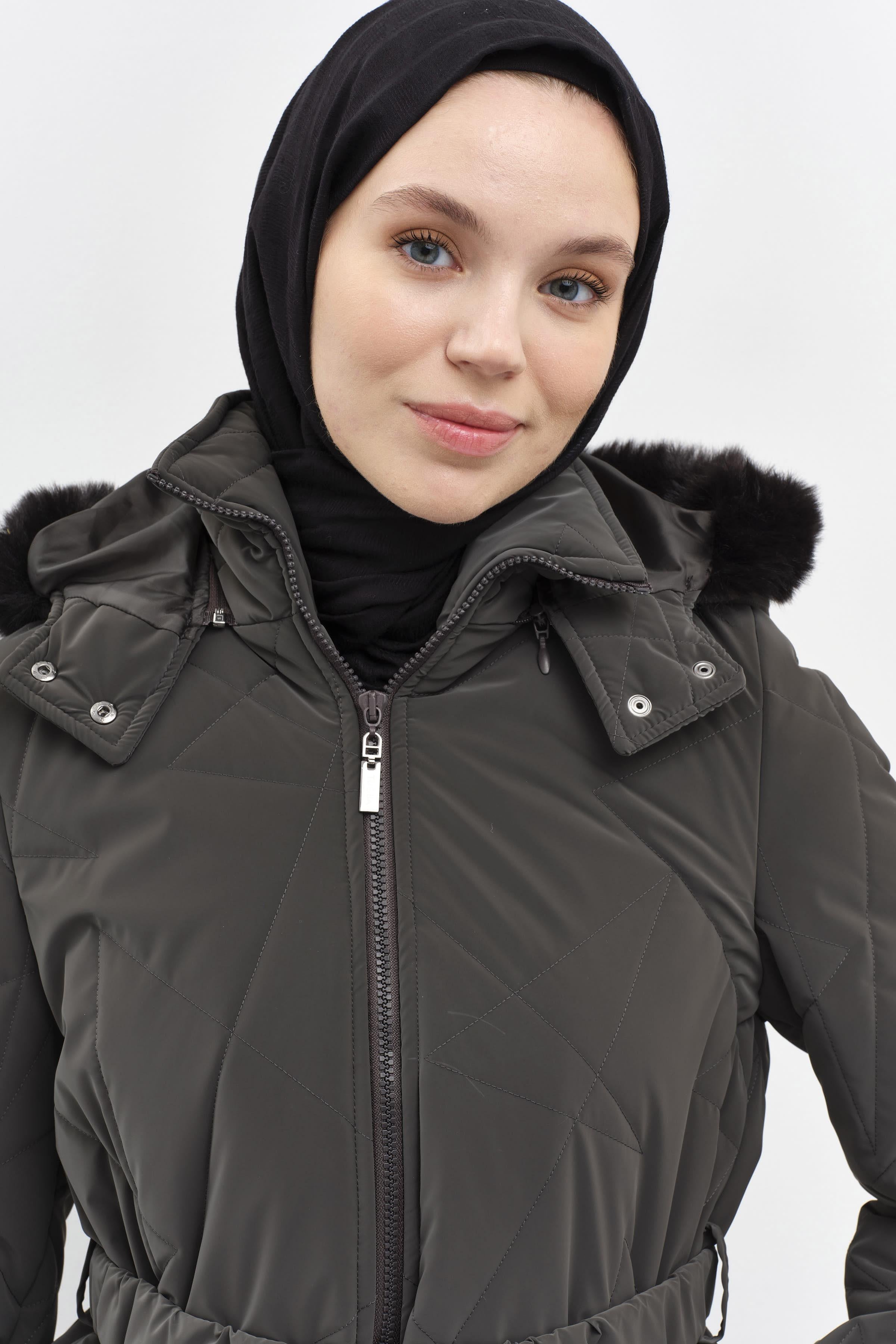 Geometrik Desen Şişme Manto - Antrasit TUGBA