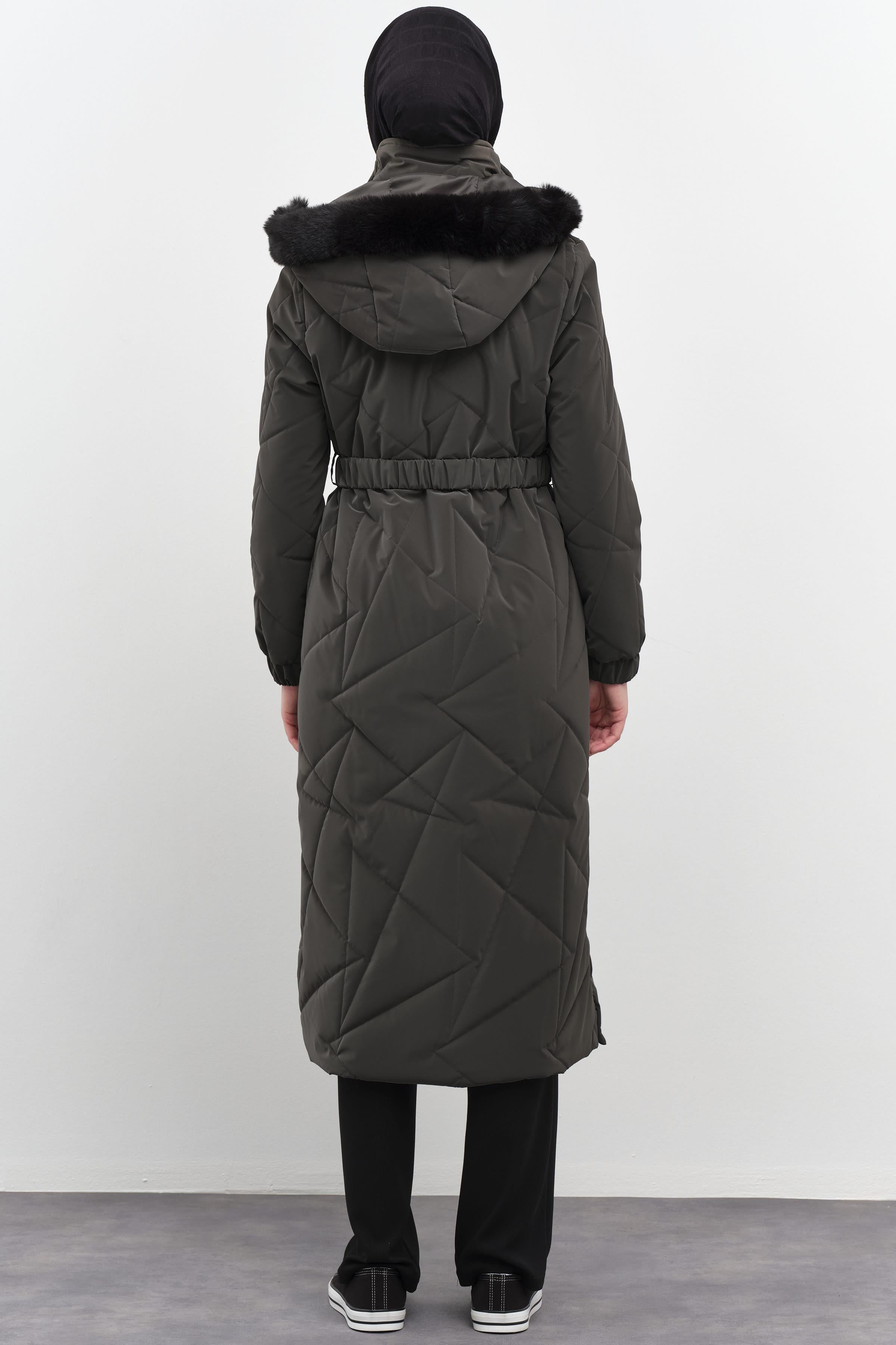 Geometrik Desen Şişme Manto - Antrasit TUGBA