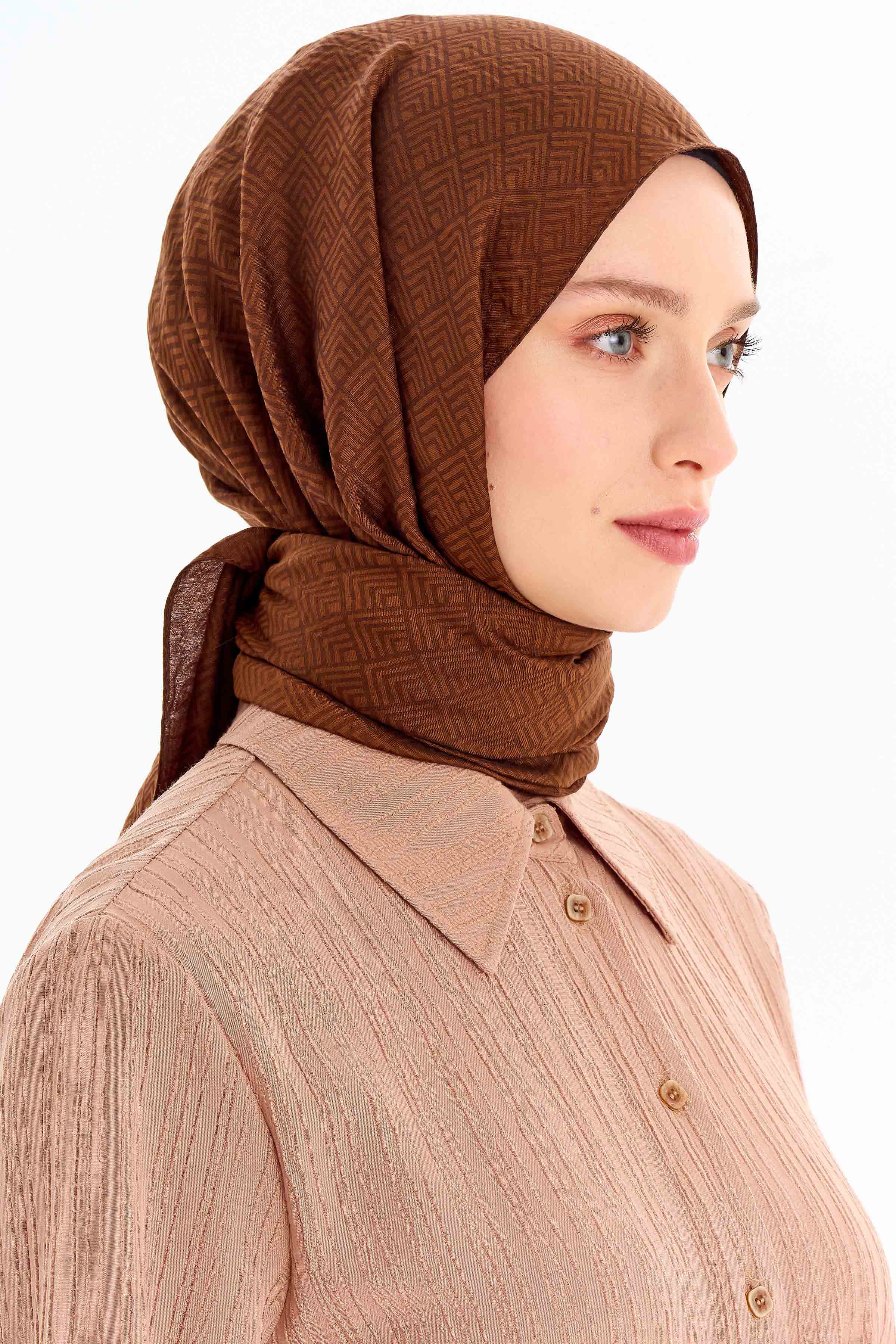 Geometrik Desen Viskon Şal - Açık Kahve TUGBA