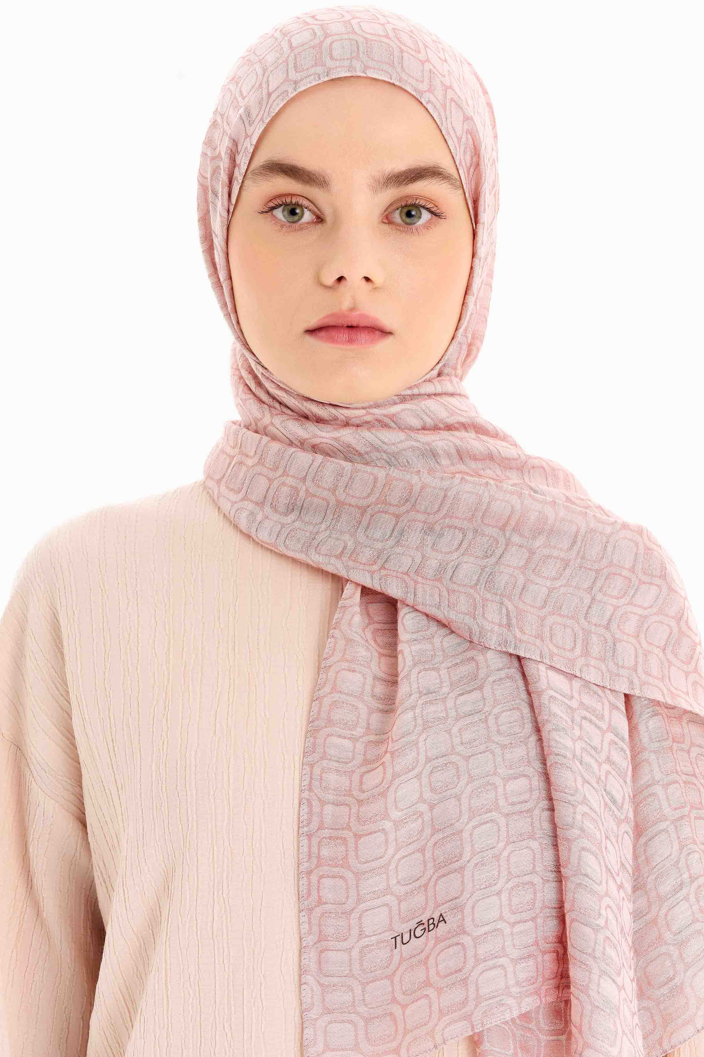 Geometrik Desen Viskon Şal - Pudra TUGBA