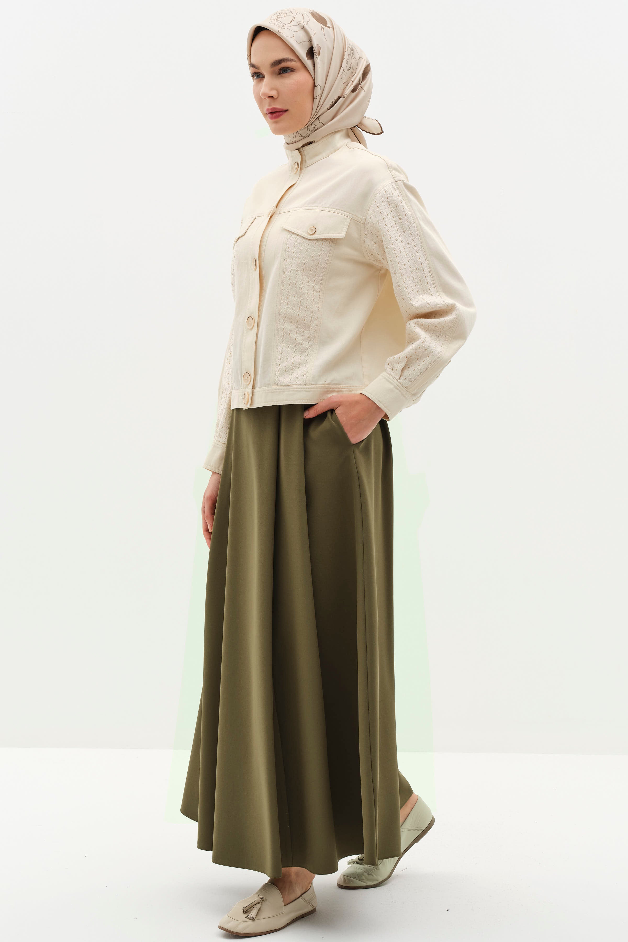 Gizli Cep Detaylı Pileli Etek - Haki TUGBA