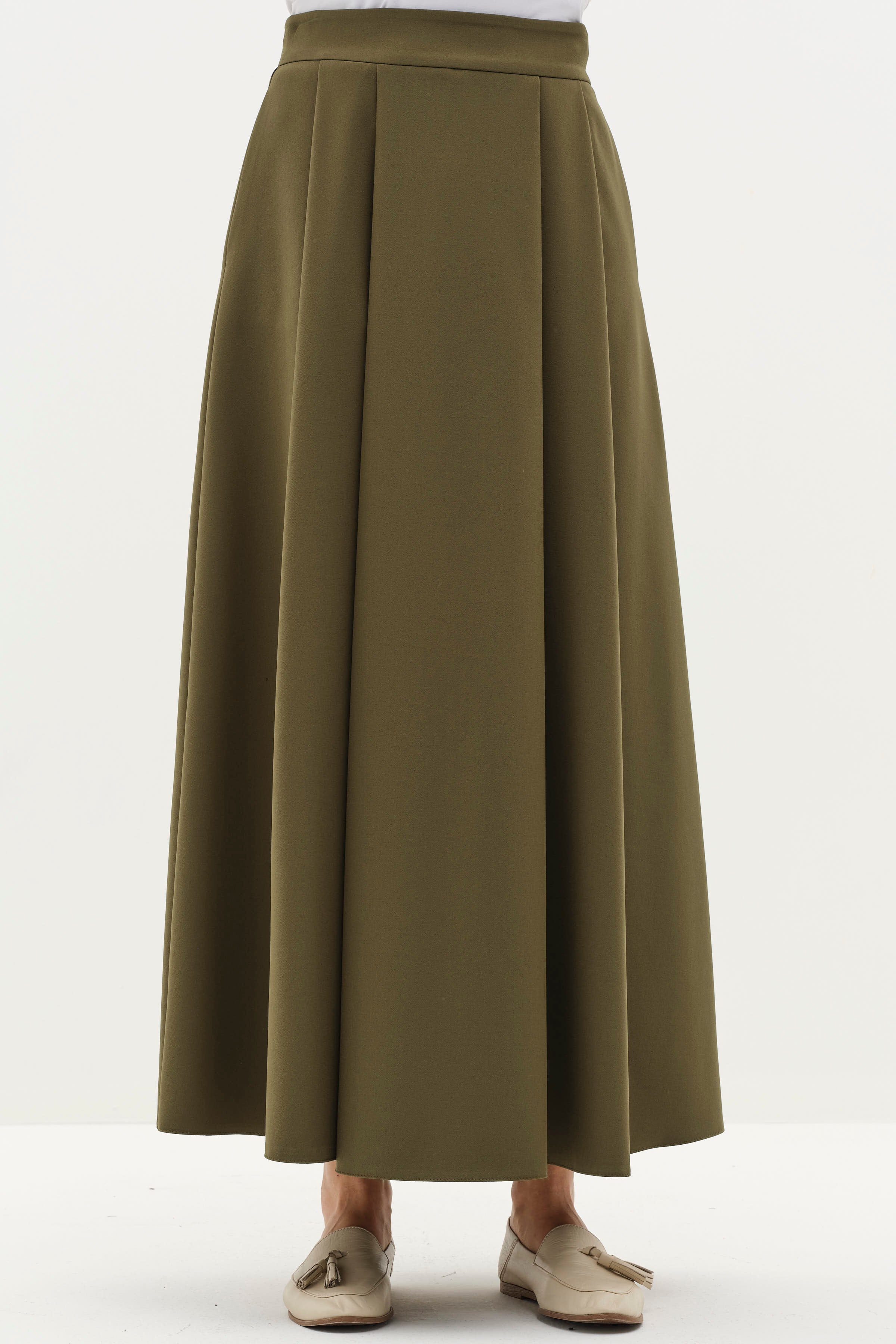 Gizli Cep Detaylı Pileli Etek - Haki TUGBA