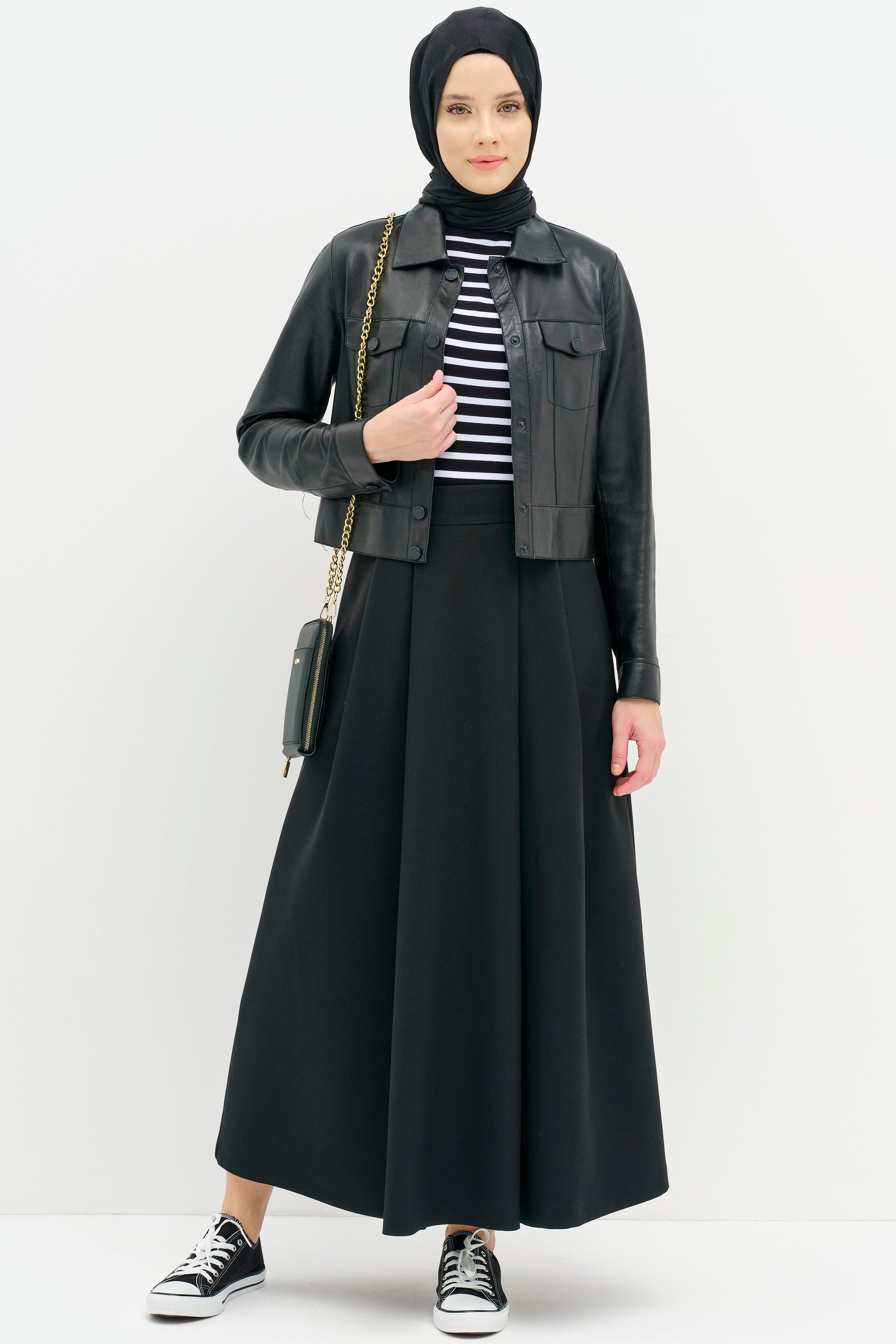 Gizli Cep Detaylı Pileli Etek - Siyah TUGBA