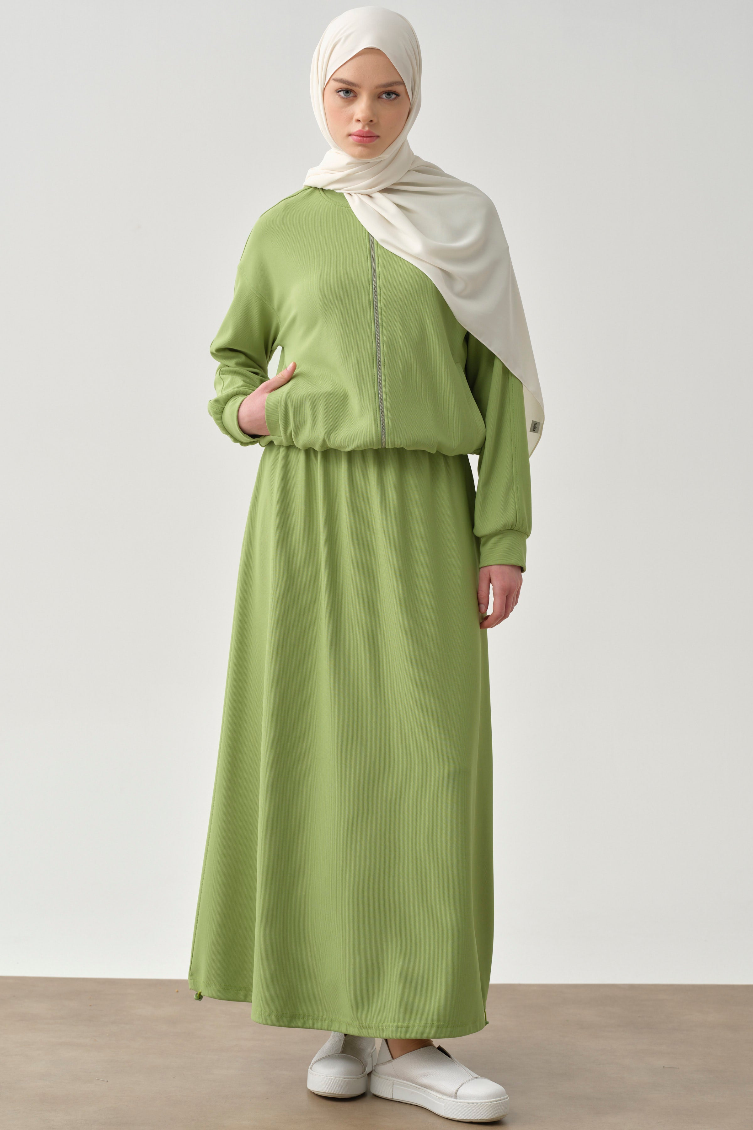 Gizli Cepli Lastikli Örme Etek - Fıstık Yeşili TUGBA