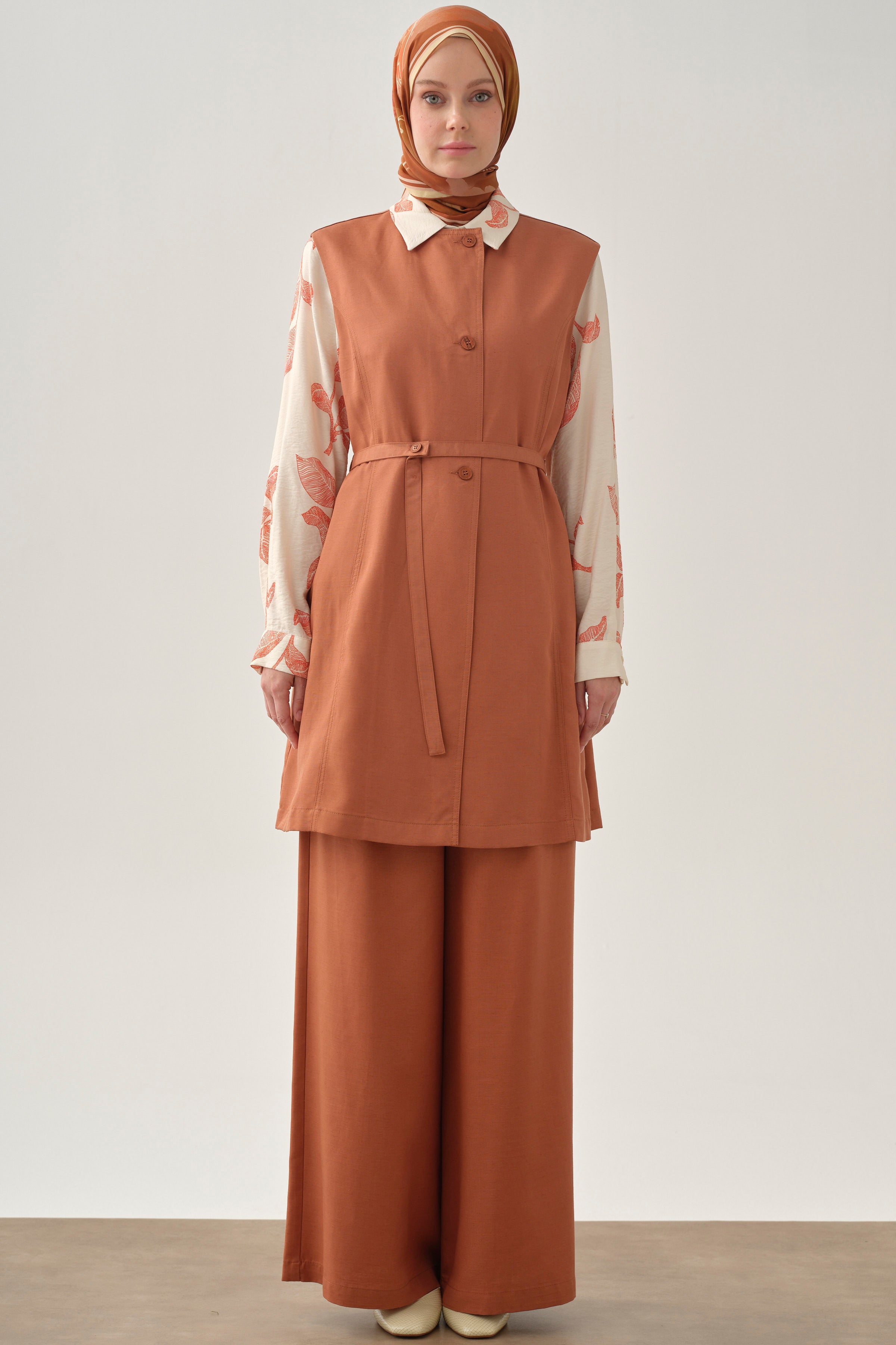 Gizli Cepli Pile Detaylı Pantolon - Kiremit TUGBA