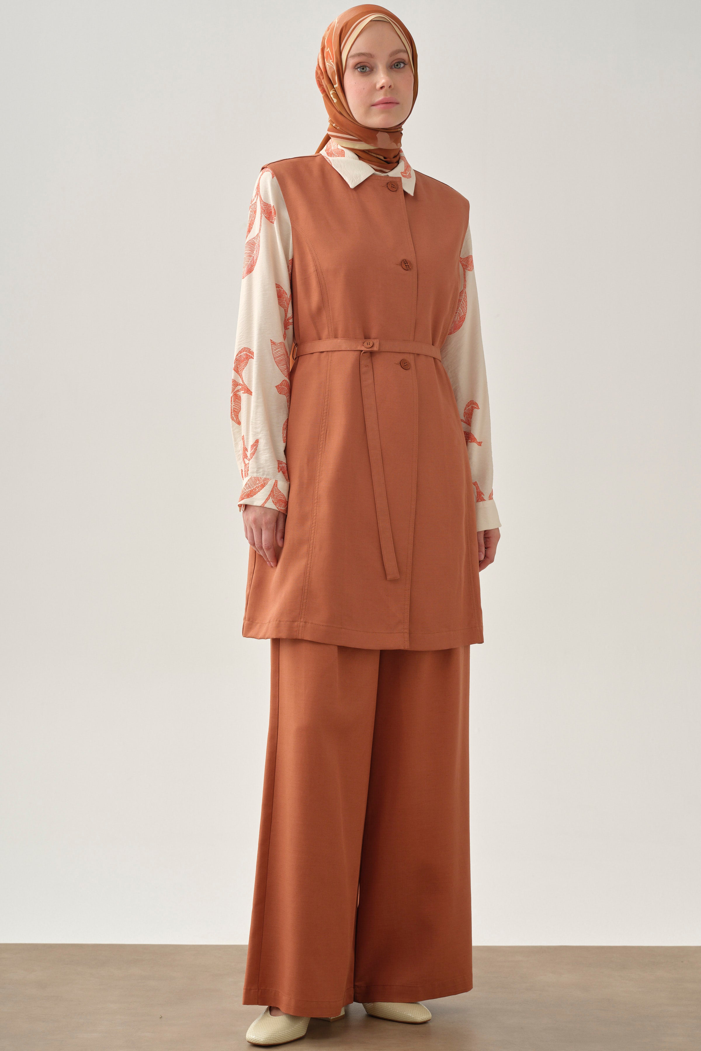 Gizli Cepli Pile Detaylı Pantolon - Kiremit TUGBA