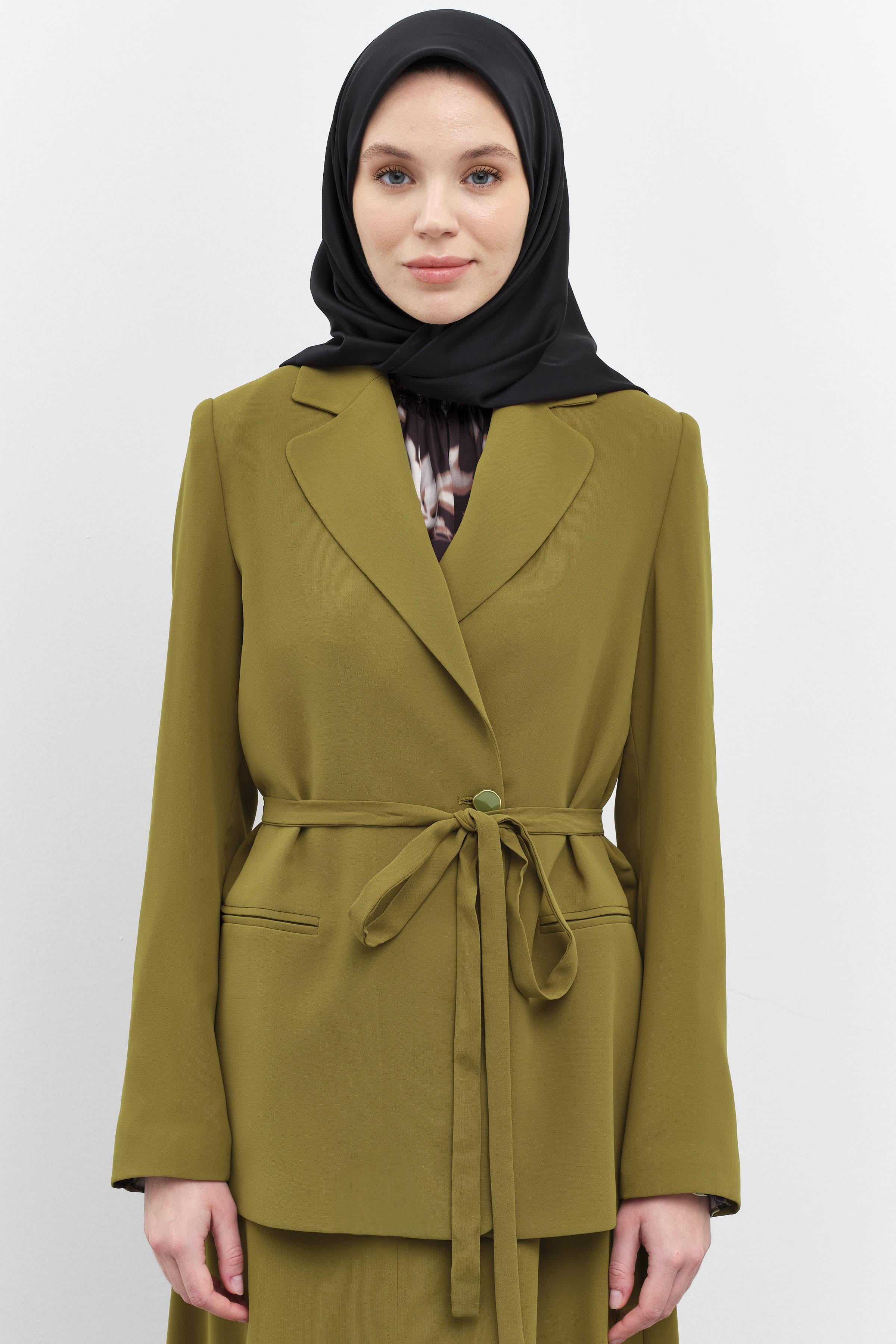 Gizli Pat Düğmeli Beli Kuşaklı Ceket - Olive TUGBA