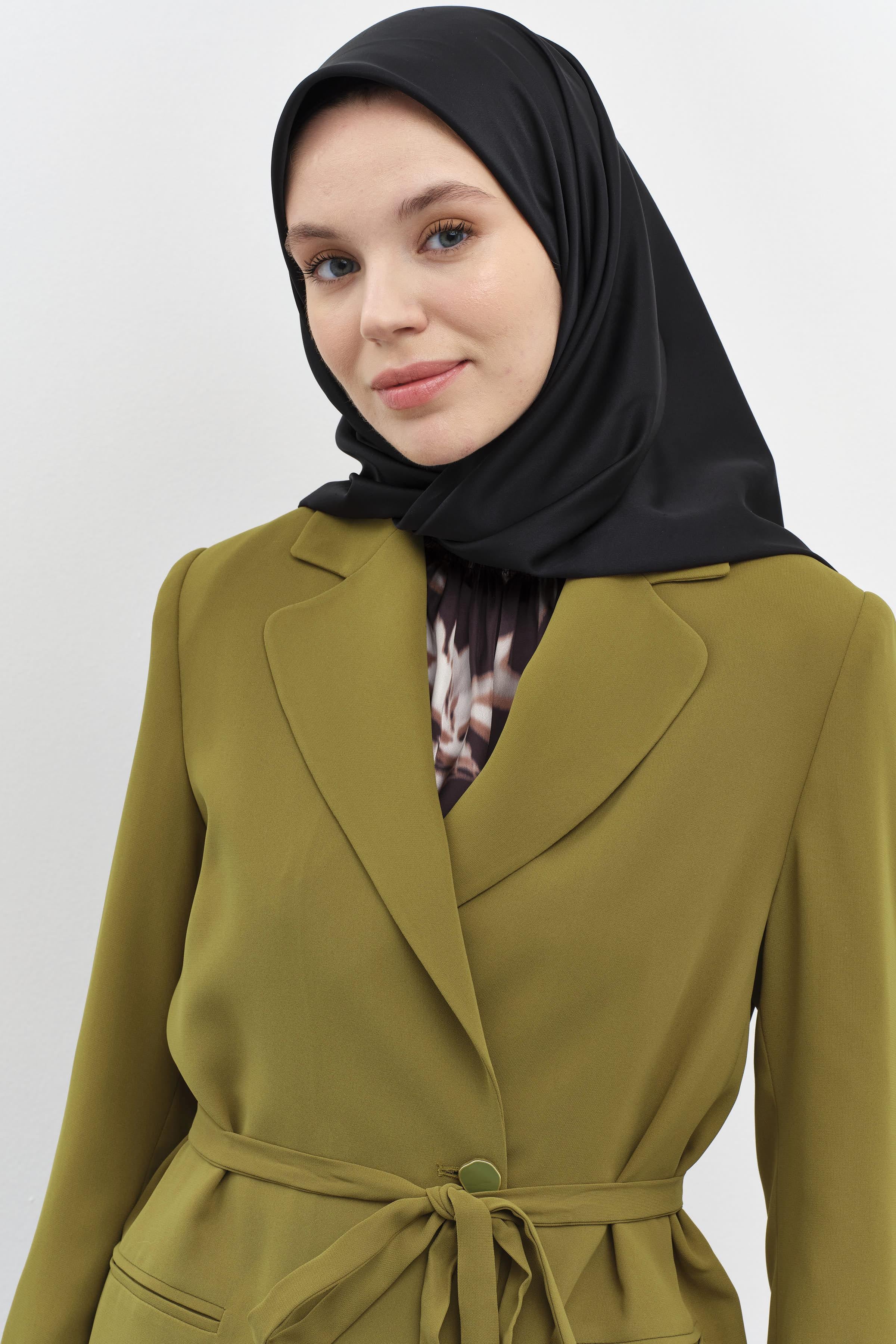Gizli Pat Düğmeli Beli Kuşaklı Ceket - Olive TUGBA